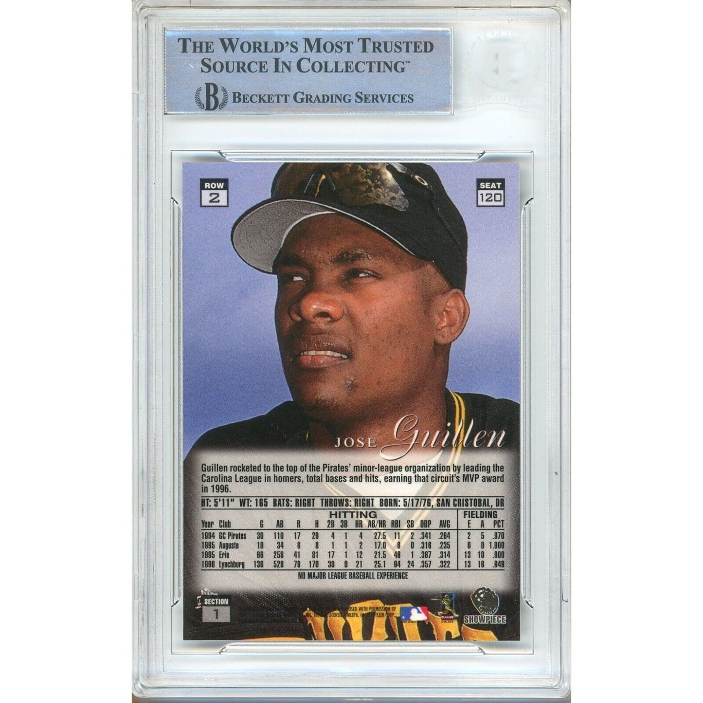 Baseballs- Autographed- Jose Guillen Pittsburgh Pirates Signed 1997 Flair Showcase Row 2 Rookie Baseball Card Beckett Authentic Auto Slab Back