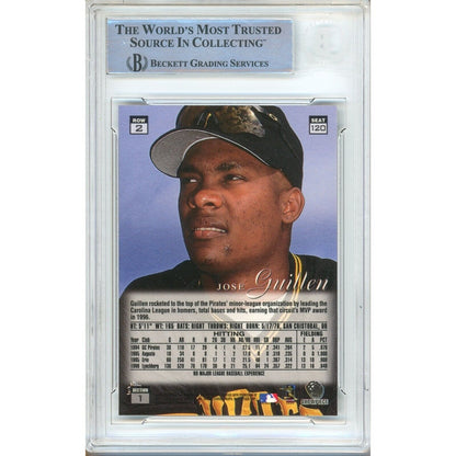 Baseballs- Autographed- Jose Guillen Pittsburgh Pirates Signed 1997 Flair Showcase Row 2 Rookie Baseball Card Beckett Authentic Auto Slab Back