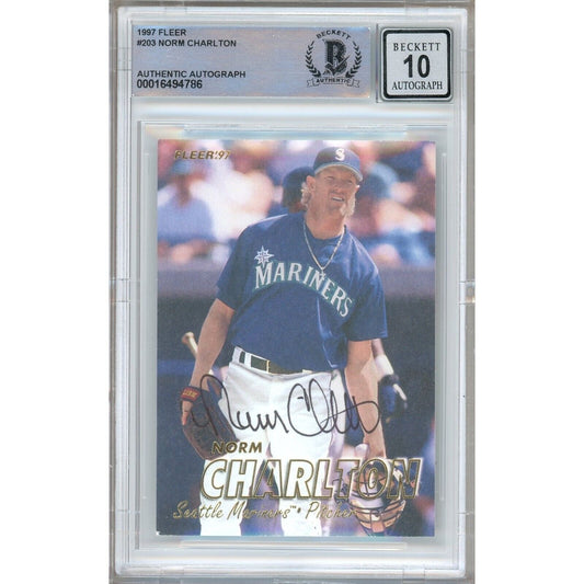 Baseballs- Autographed- Norm Charlton Seattle Mariners Signed 1997 Fleer Baseball Card Beckett Authentic BGS Auto-10 Graded Slab Front