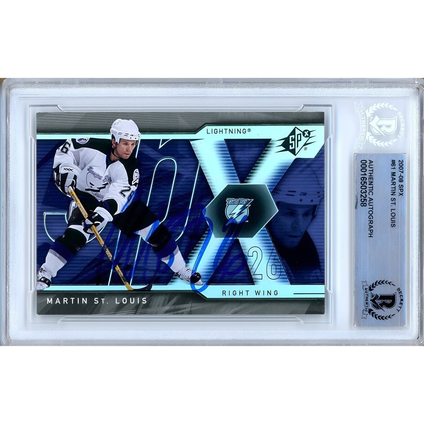 Hockey- Autographed- Martin St Louis Tampa Bay Lightning Signed 2007-08 Upper Deck SPx Hockey Card Beckett Authentic Auto Slab Front