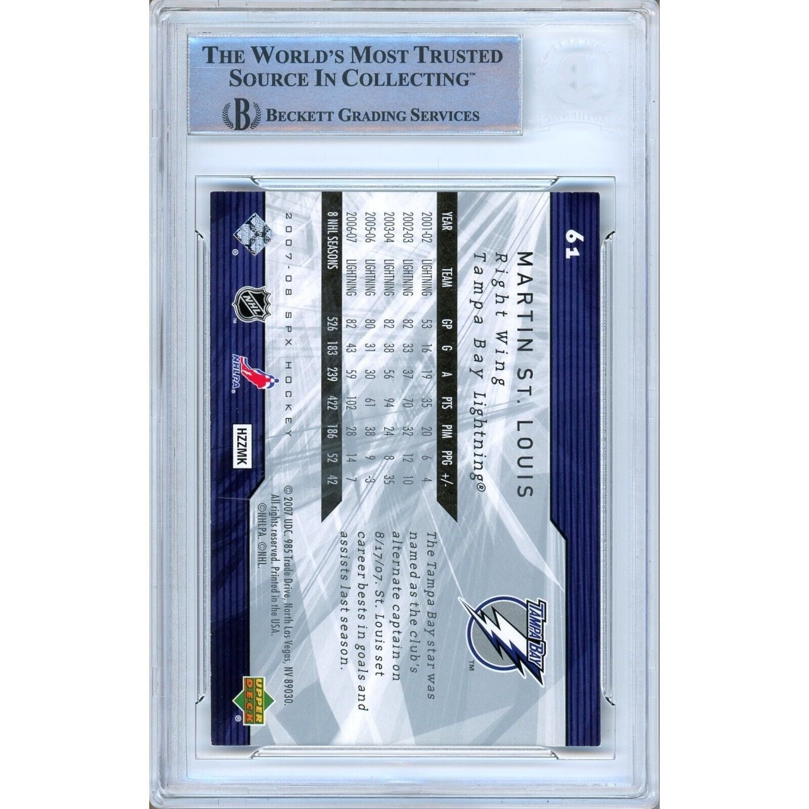 Martin St Louis Tampa Bay Lightning trading card autograph – angled display – Beckett COA