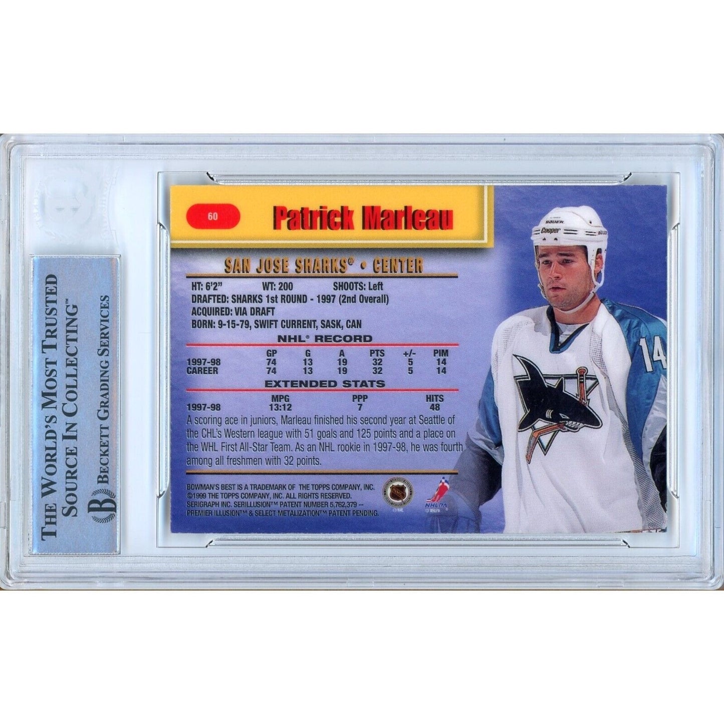 Hockey- Autographed- Patrick Marleau San Jose Sharks Signed 1998-99 Bowmans Best Hockey Card Beckett Authentic Auto Slab Back