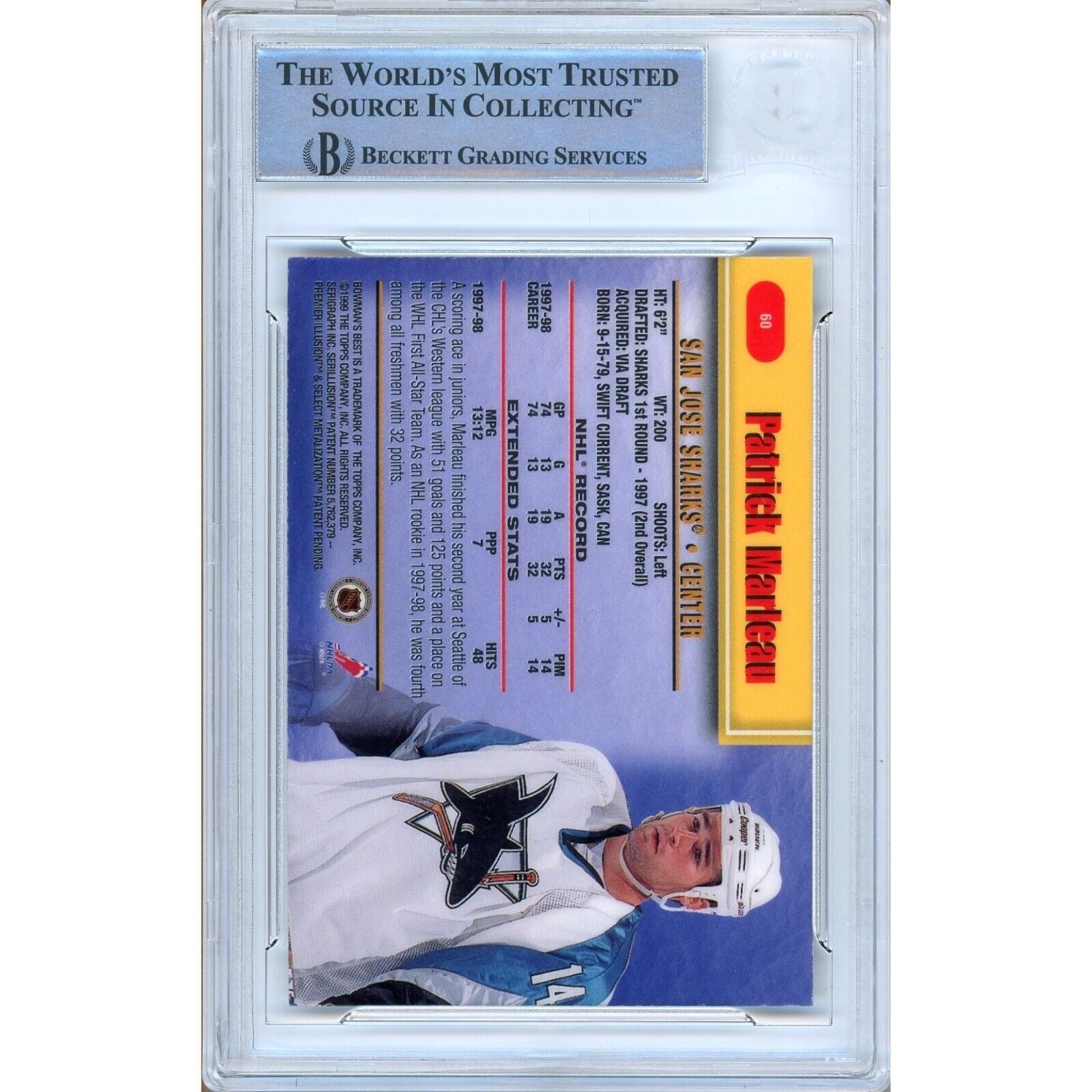 Patrick Marleau San Jose Sharks auto trading card – authentication sticker – Beckett COA