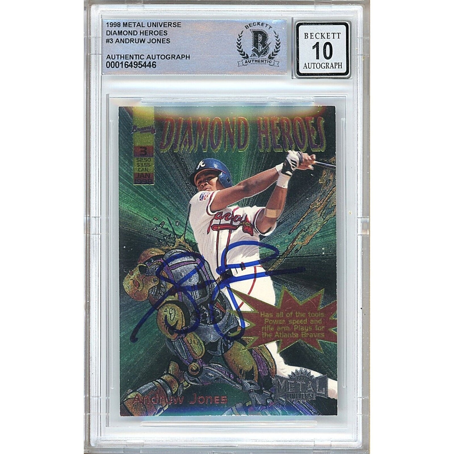 Baseballs- Autographed- Andruw Jones Atlanta Braves Signed 1998 Metal Universe Baseball Card Beckett Authentic BGS Auto-10 Graded Slab Front