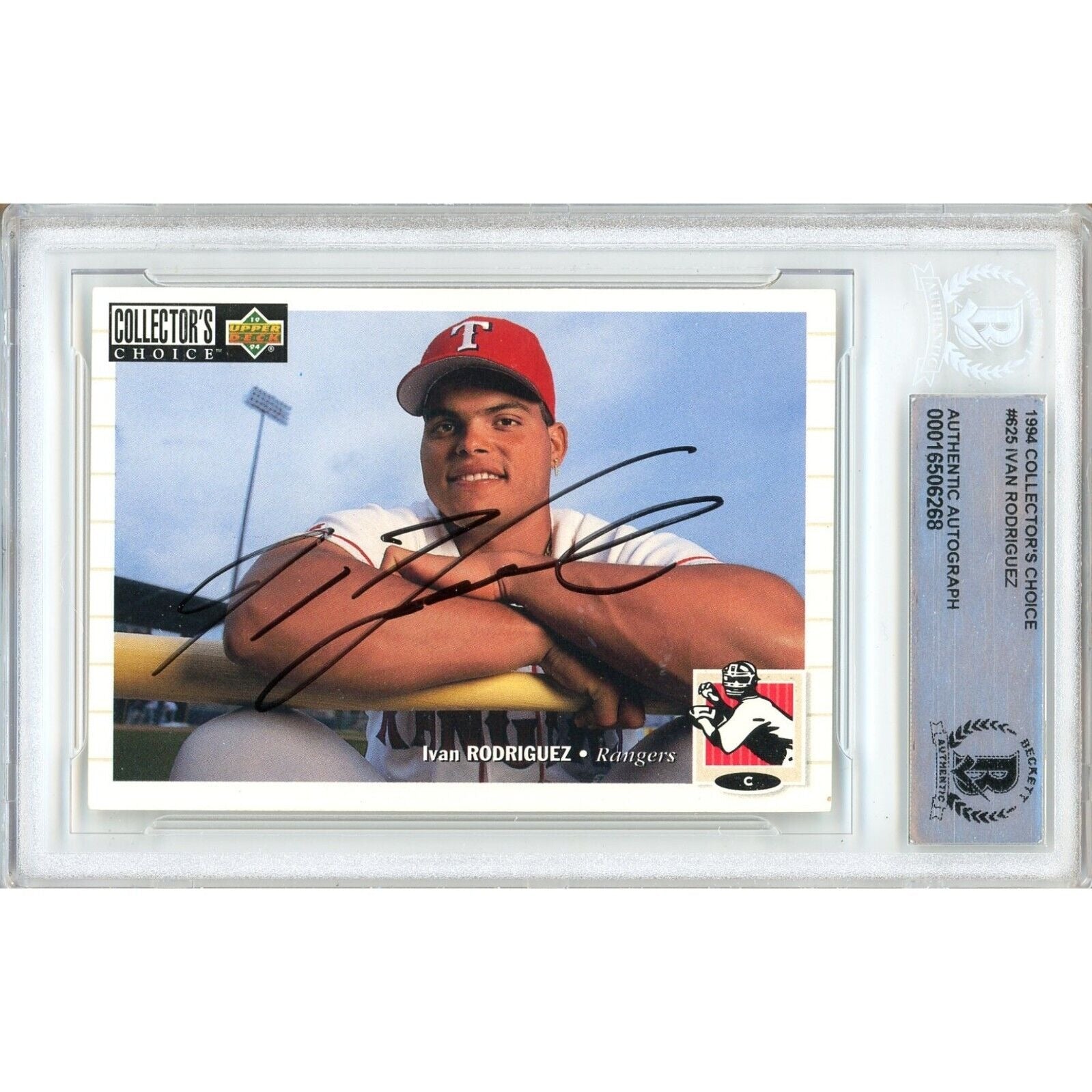 Baseballs- Autographed- Ivan Pudge Rodriguez Texas Rangers Signed 1994 Upper Deck Collectors Choice Baseball Card Beckett Authentic Auto Slab Front