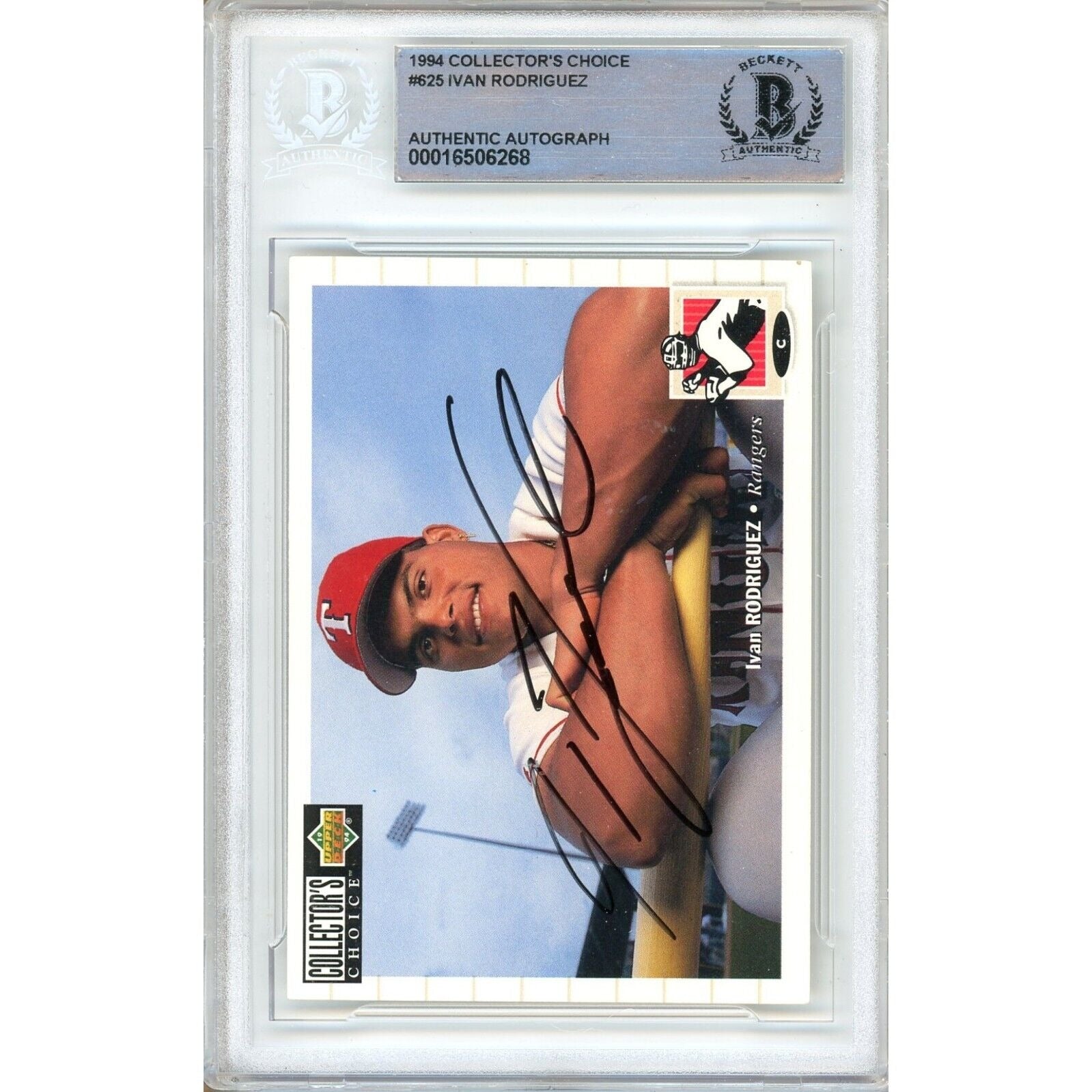 Baseballs- Autographed- Ivan Pudge Rodriguez Texas Rangers Signed 1994 Upper Deck Collectors Choice Baseball Card Beckett Authenticated Auto Slab Front