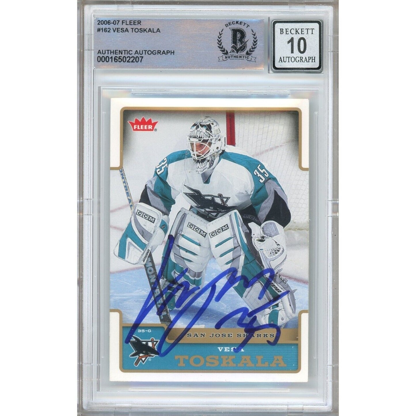 Hockey- Autographed- Vesa Toskala San Jose Sharks Signed 2006-07 Fleer Trading Card Beckett Authentic BGS Auto-10 Graded Slab Front