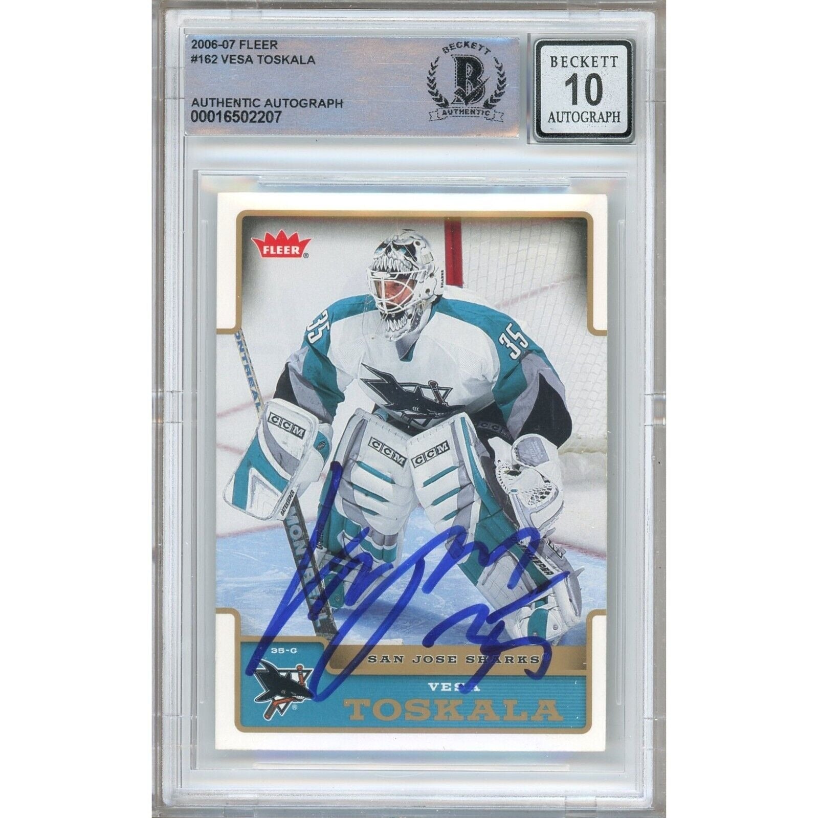 Vesa Toskala San Jose Sharks autographed trading card – full view – Beckett COA