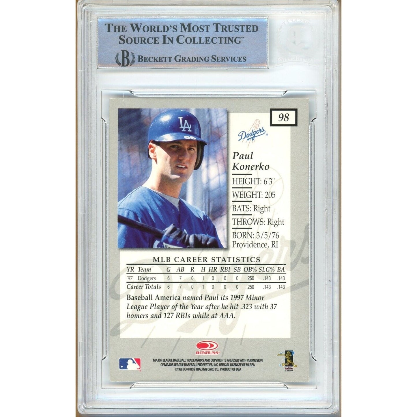 Baseballs- Autographed- Paul Konerko Los Angeles Dodgers Signed 1998 Donruss Elite Baseball Card Beckett Authentic Auto Slab Back