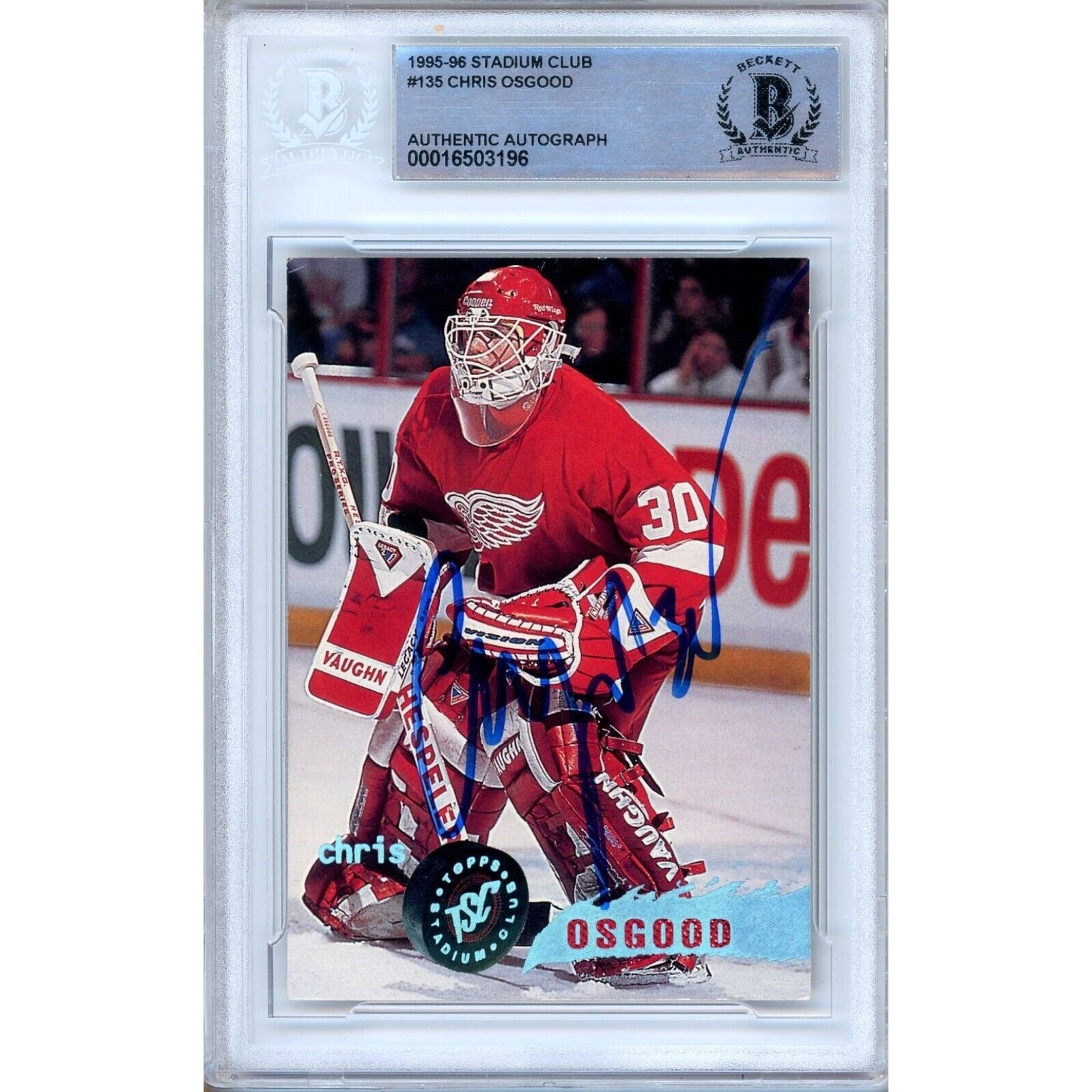 Hockey- Autographed- Chris Osgood Detroit Red Wings Signed 1995-96 Topps Stadium Club Hockey Card Beckett Authentic Auto Slab Front