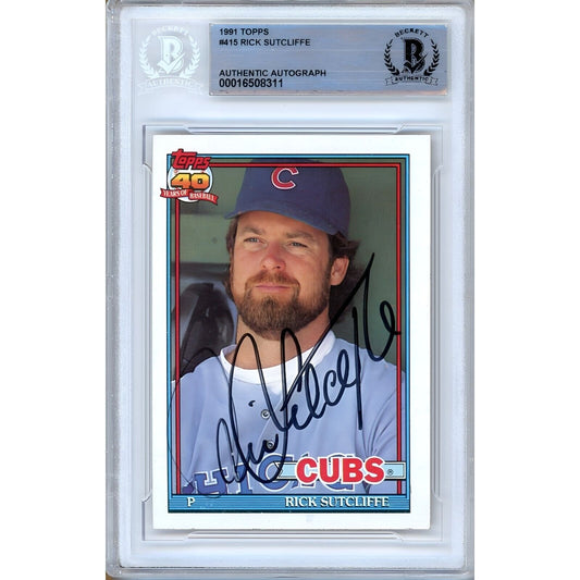 Baseballs- Autographed- Rick Sutcliffe Chicago Cubs Signed 1991 Topps Baseball Card Beckett Authentic Auto Slab Front