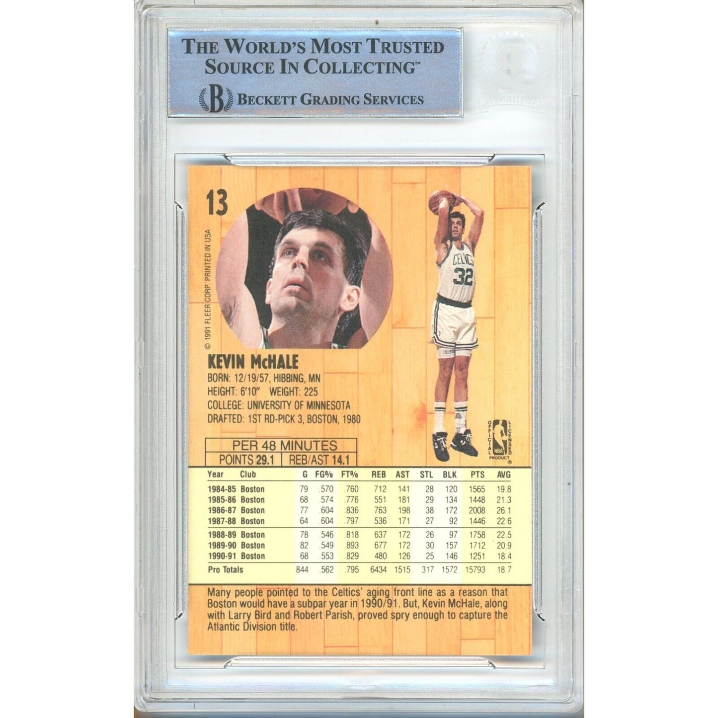 Basketballs- Autographed- Kevin McHale Boston Celtics Signed 1991-92 Fleer Basketball Card Beckett Authentic Auto Slab Back