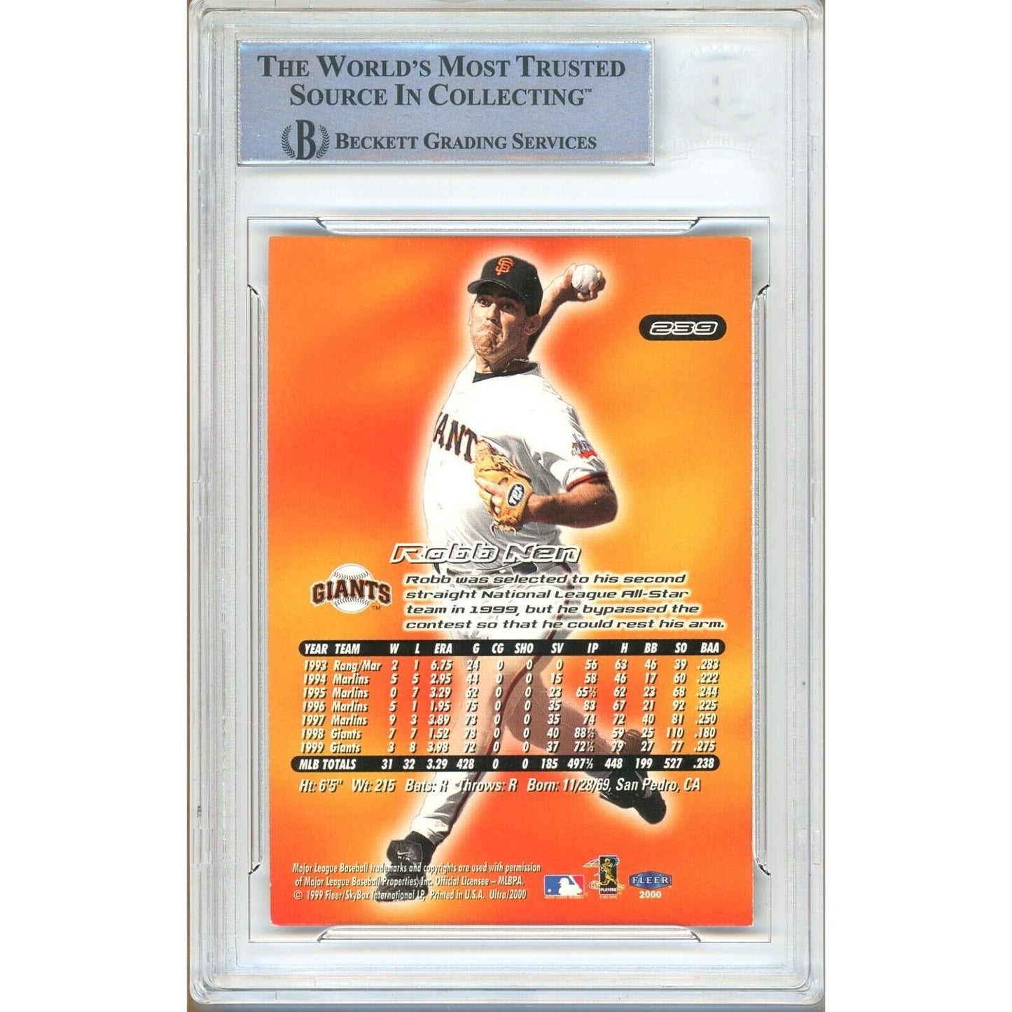 Baseballs- Autographed- Robb Nen San Francisco Giants Signed 2000 Fleer Ultra Trading Card Beckett Authentic Auto Slab Back