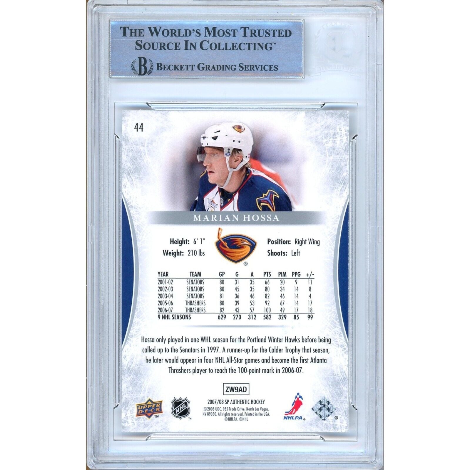 Hockey- Autographed- Marian Hossa Atlanta Thrashers Signed 2007-08 SP Authentic Hockey Card Beckett Authentic Auto Slab Back