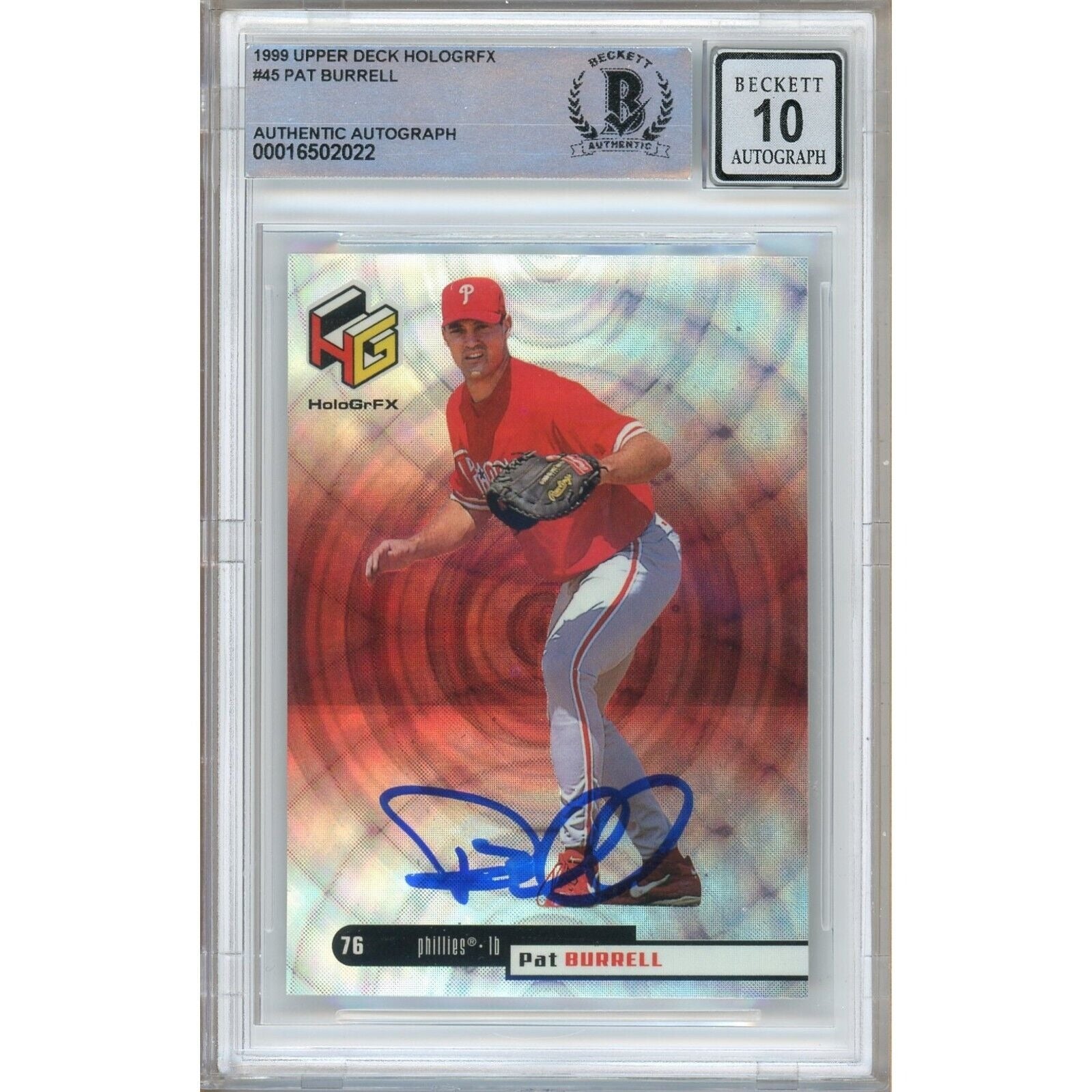 Baseballs- Autographed- Pat Burrell Philadelphia Phillies Signed 1999 Upper Deck Hologrfx Rookie Baseball Card Beckett Authentic BGS Auto-10 Graded Slab Front