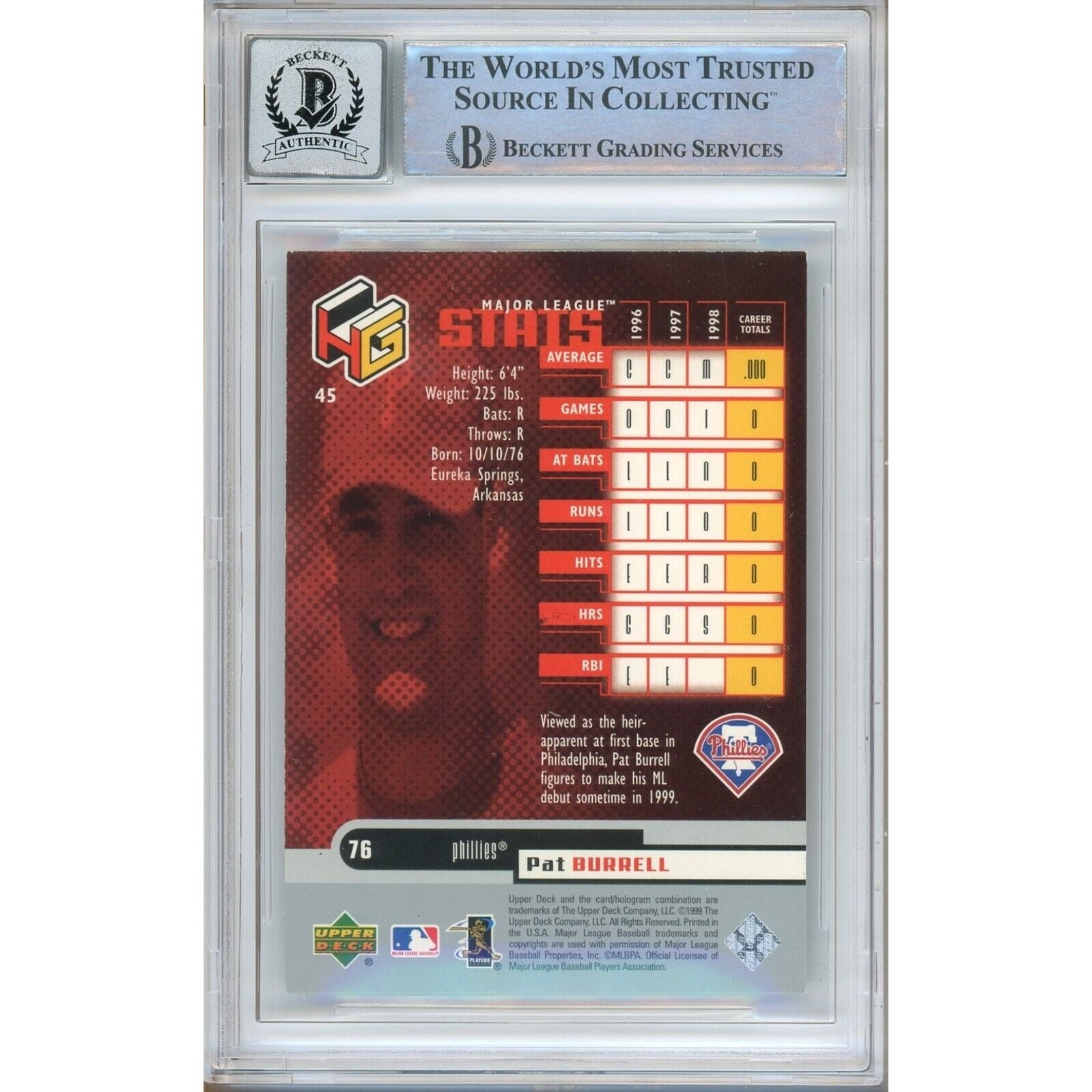 Baseballs- Autographed- Pat Burrell Philadelphia Phillies Signed 1999 Upper Deck Hologrfx Rookie Baseball Card Beckett Authentic BGS Auto-10 Graded Slab Back