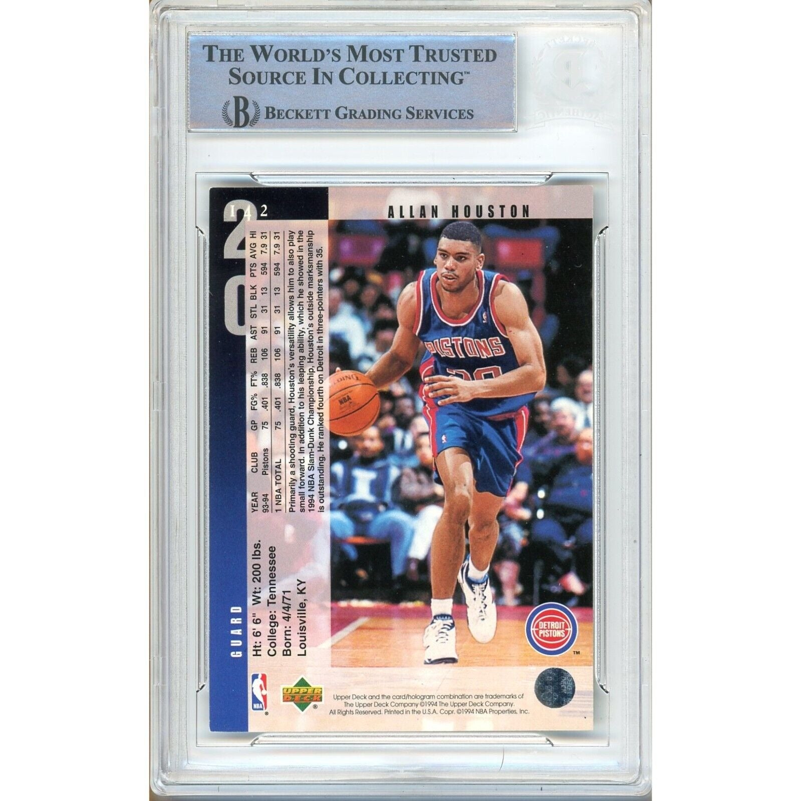 Basketballs- Autographed- Allan Houston Detroit Pistons Signed 1994-95 Upper Deck Basketball Card Beckett Authentic Auto Slab Back