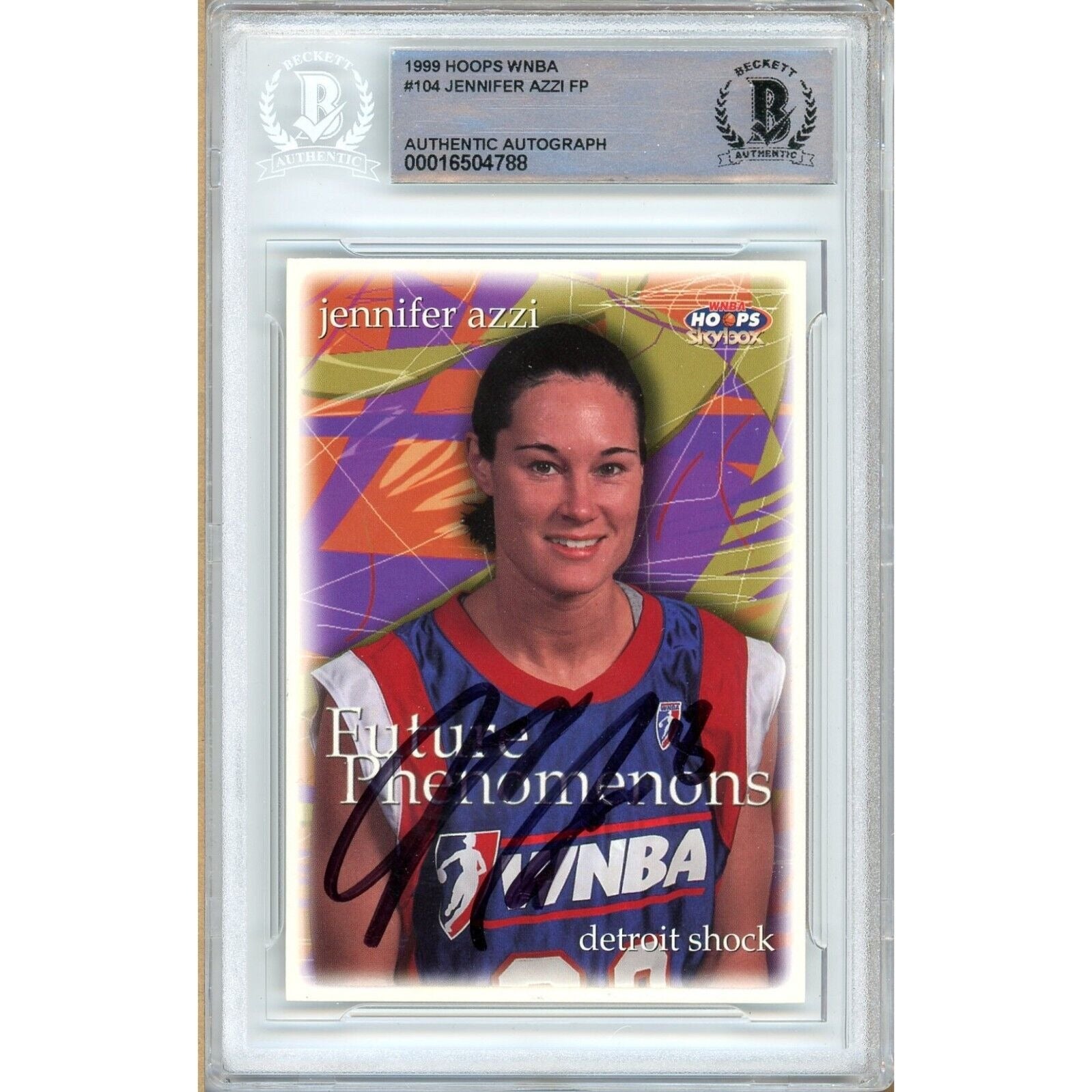 Basketballs- Autographed- Jennifer Azzi Detroit Shock Signed 1999 WNBA Hoops Basketball Card Beckett Authentic Auto Slab Front