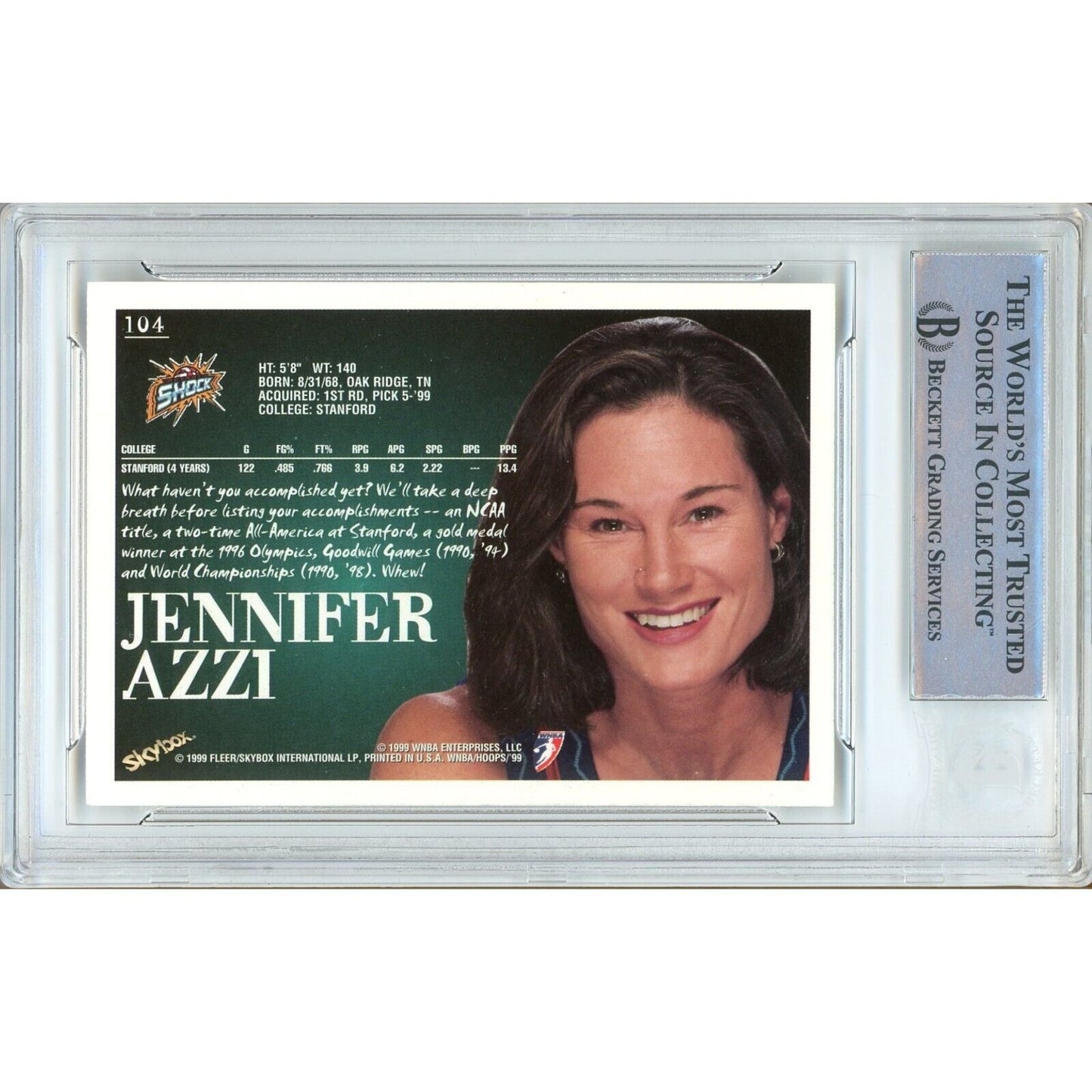 Basketballs- Autographed- Jennifer Azzi Detroit Shock Signed 1999 WNBA Hoops Basketball Card Beckett Authentic Auto Slab Back