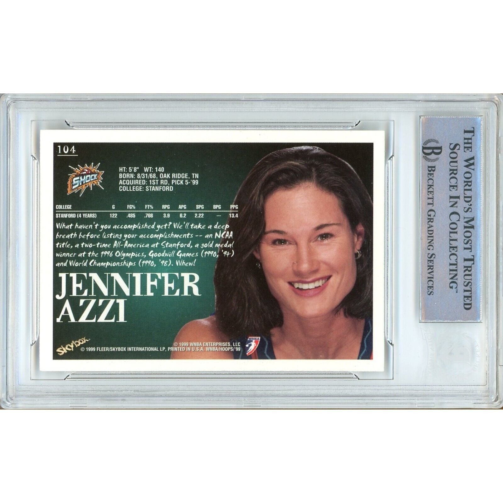 Jennifer Azzi Detroit Shock Autographed Signed Trading Card Beckett BAS