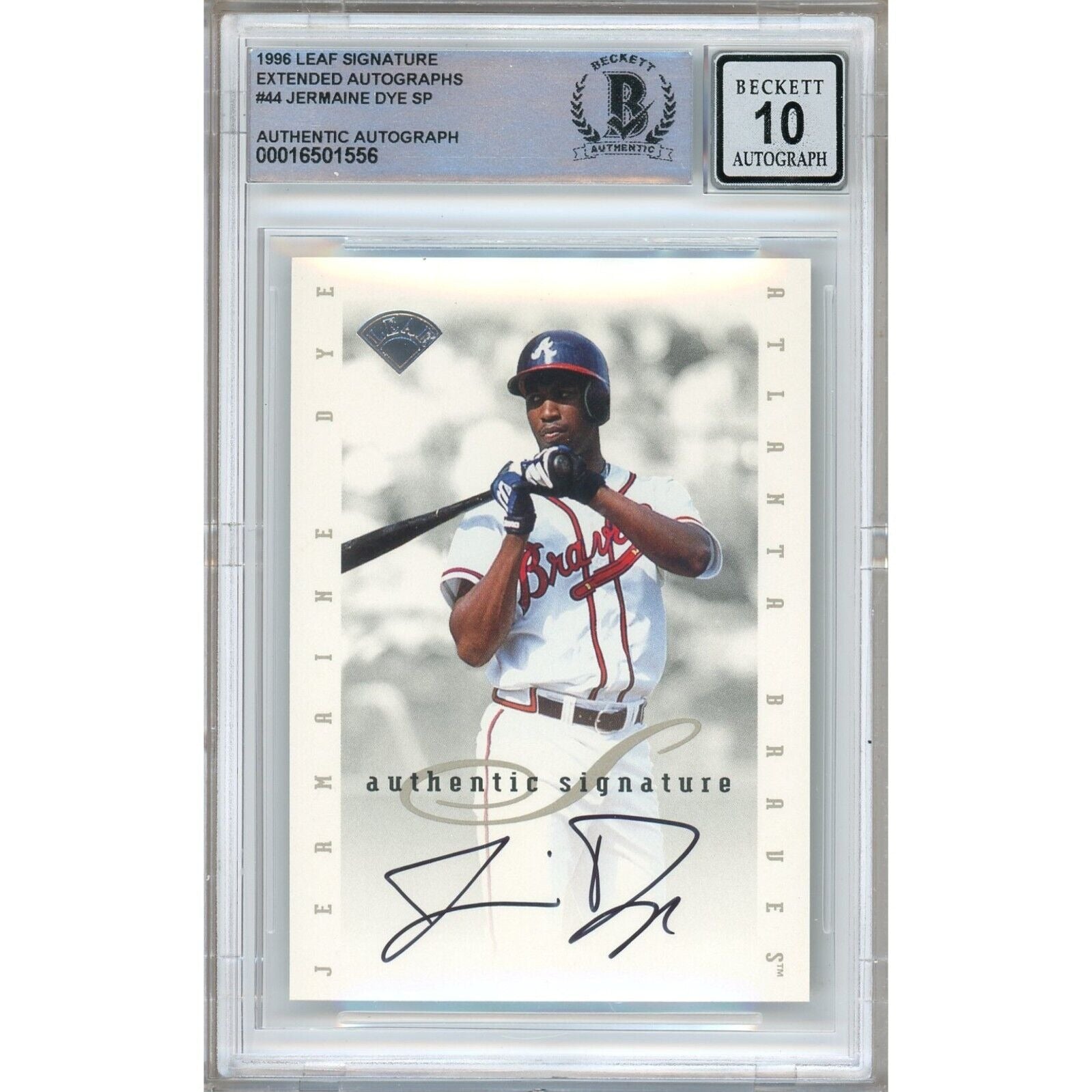 Baseballs- Autographed- Jermaine Dye Atlanta Braves Signed 1996 Leaf Signature Extended Autographs Rookie Baseball Card Beckett Authentic BGS Auto-10 Graded Slab Front