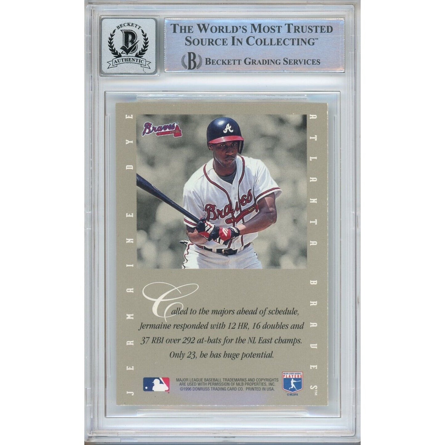 Baseballs- Autographed- Jermaine Dye Atlanta Braves Signed 1996 Leaf Signature Extended Autographs Rookie Baseball Card Beckett Authentic BGS Auto-10 Graded Slab Back