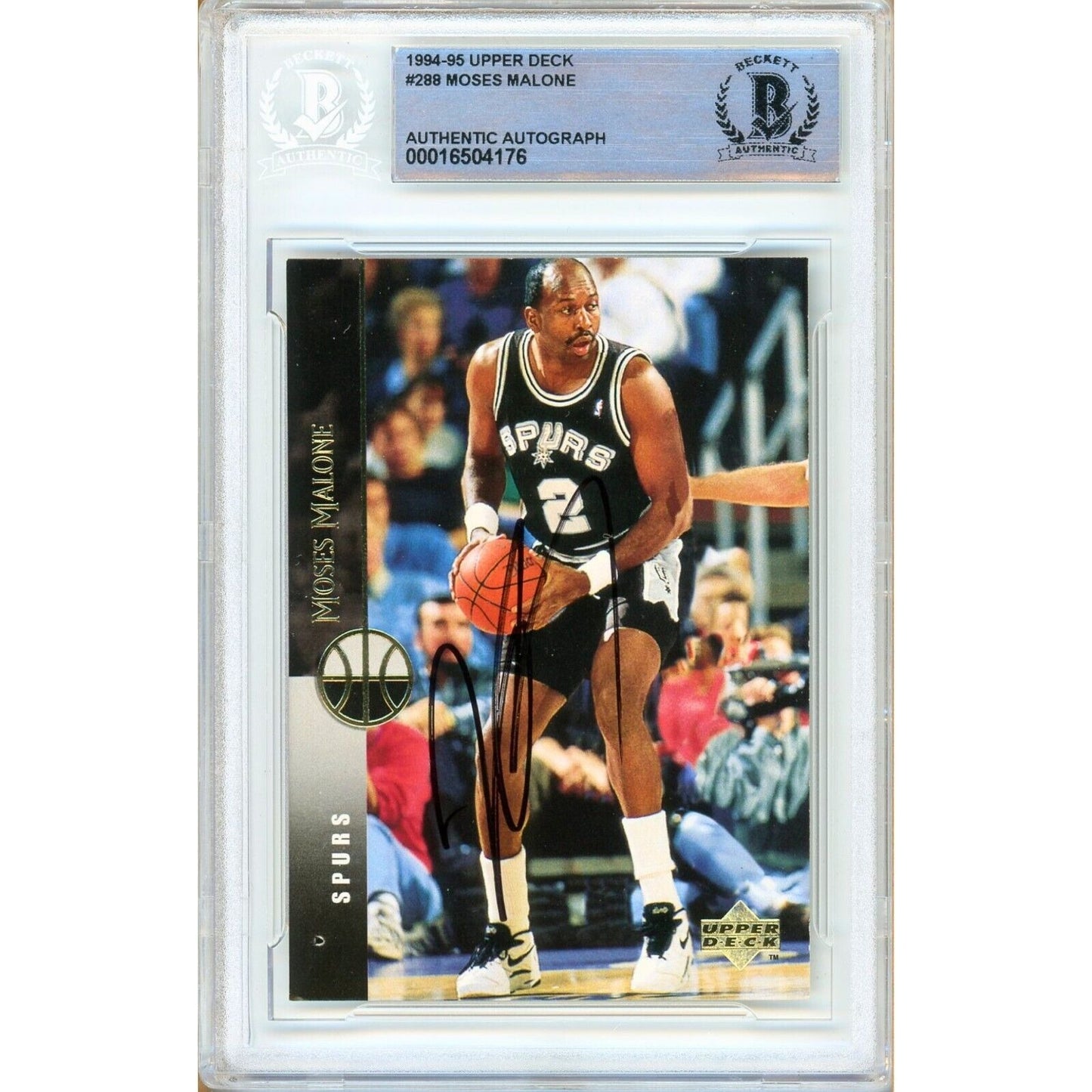 Basketballs- Autographed- Moses Malone San Antonio Spurs Signed 1994-95 Upper Deck Basketball Card Beckett Authentic Auto Slab Front