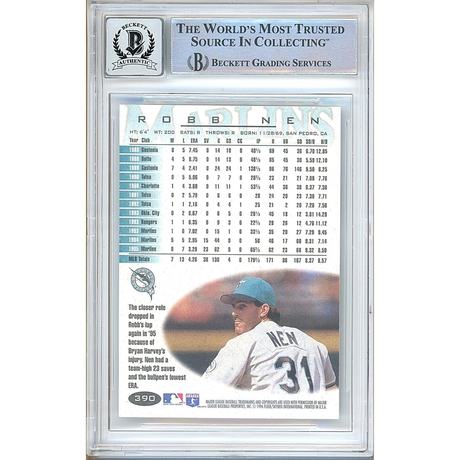 Robb Nen Florida Marlins signed trading card – signature close-up – Beckett COA