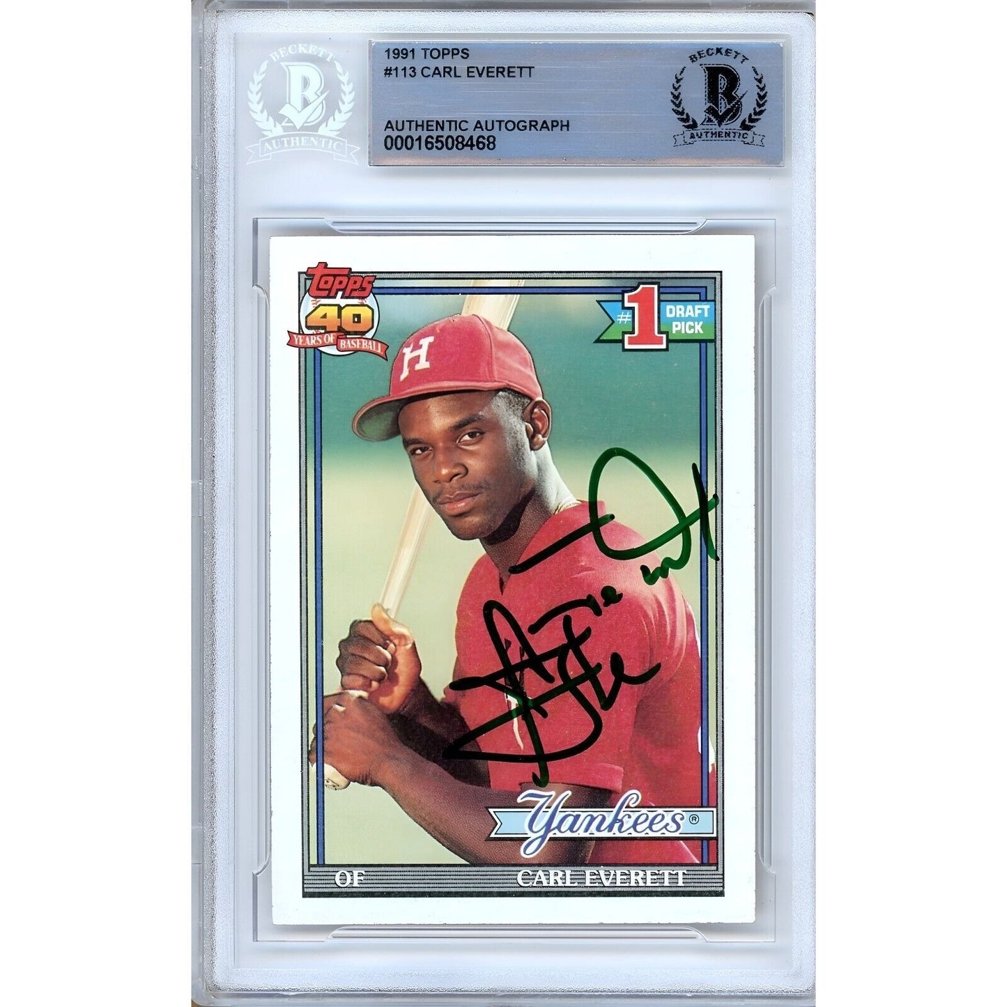 Baseballs- Autographed- Carl Everett New York Yankees Signed 1991 Topps Baseball Card Beckett Authentic Auto Slab Front