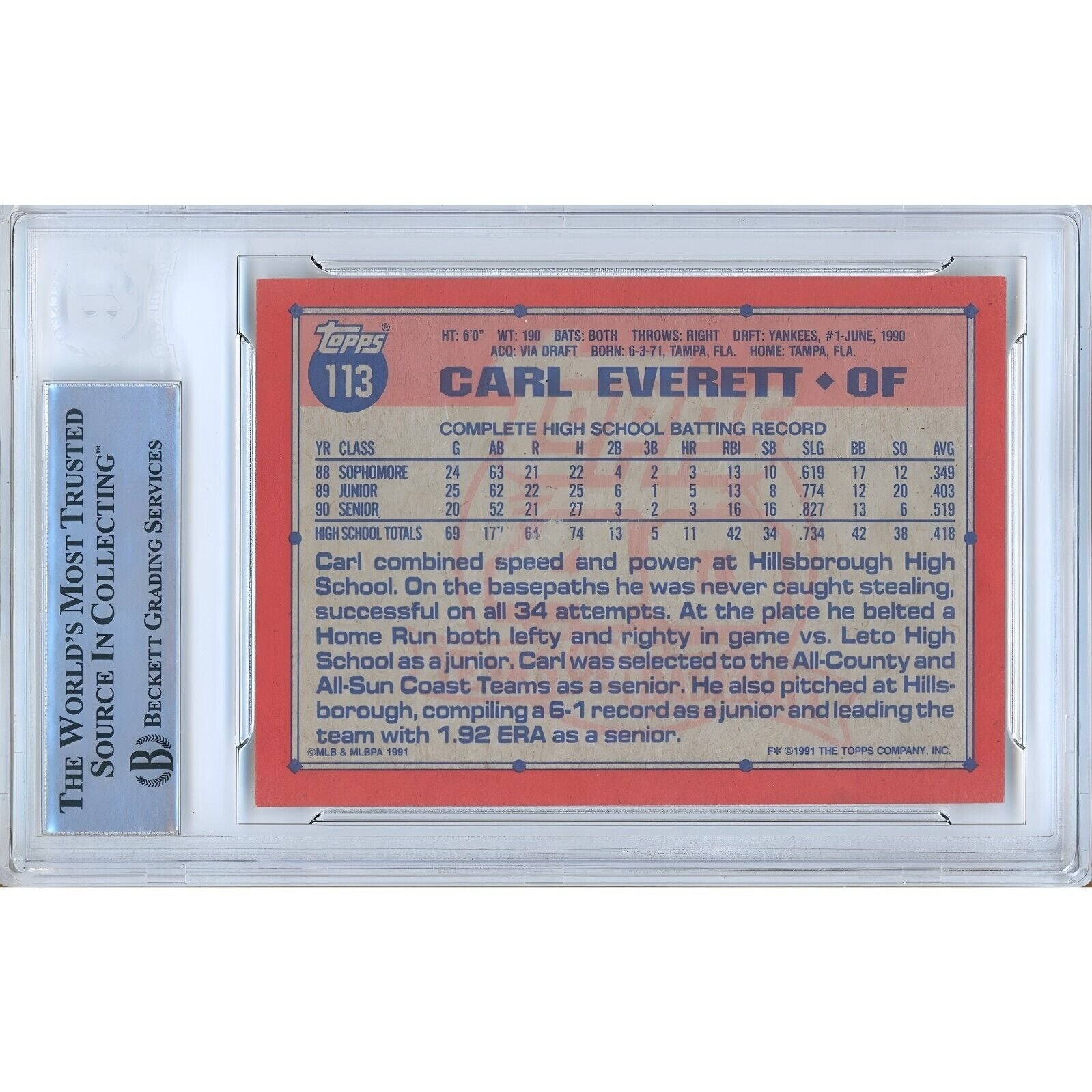 1991 Topps #113 Carl Everett New York Yankees Signed Trading Card – Beckett BAS
