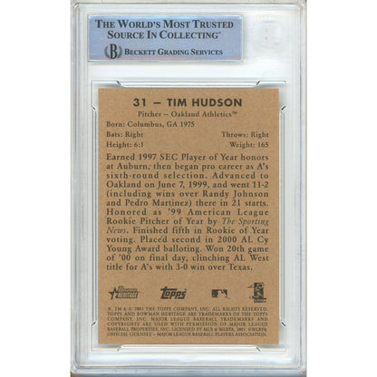 Baseballs- Autographed- Tim Hudson Oakland Athletics Signed 2001 Bowman Heritage Trading Card Beckett Authentic Auto Slab Back