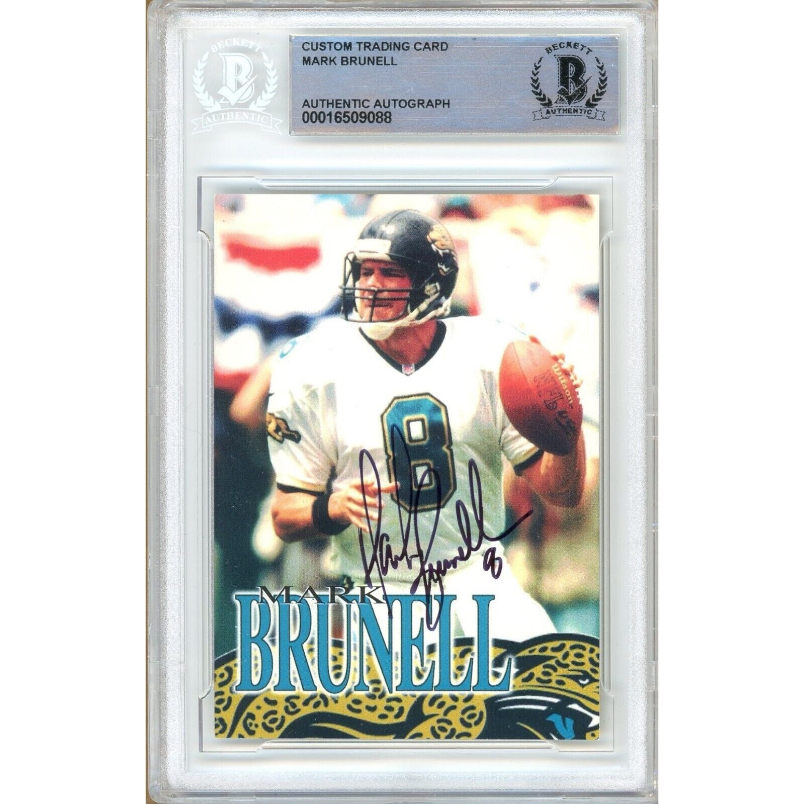 Footballs- Autographed- Mark Brunell Jacksonville Jaguars Signed Custom Religious Trading Card Beckett Authentic Auto Slab Front