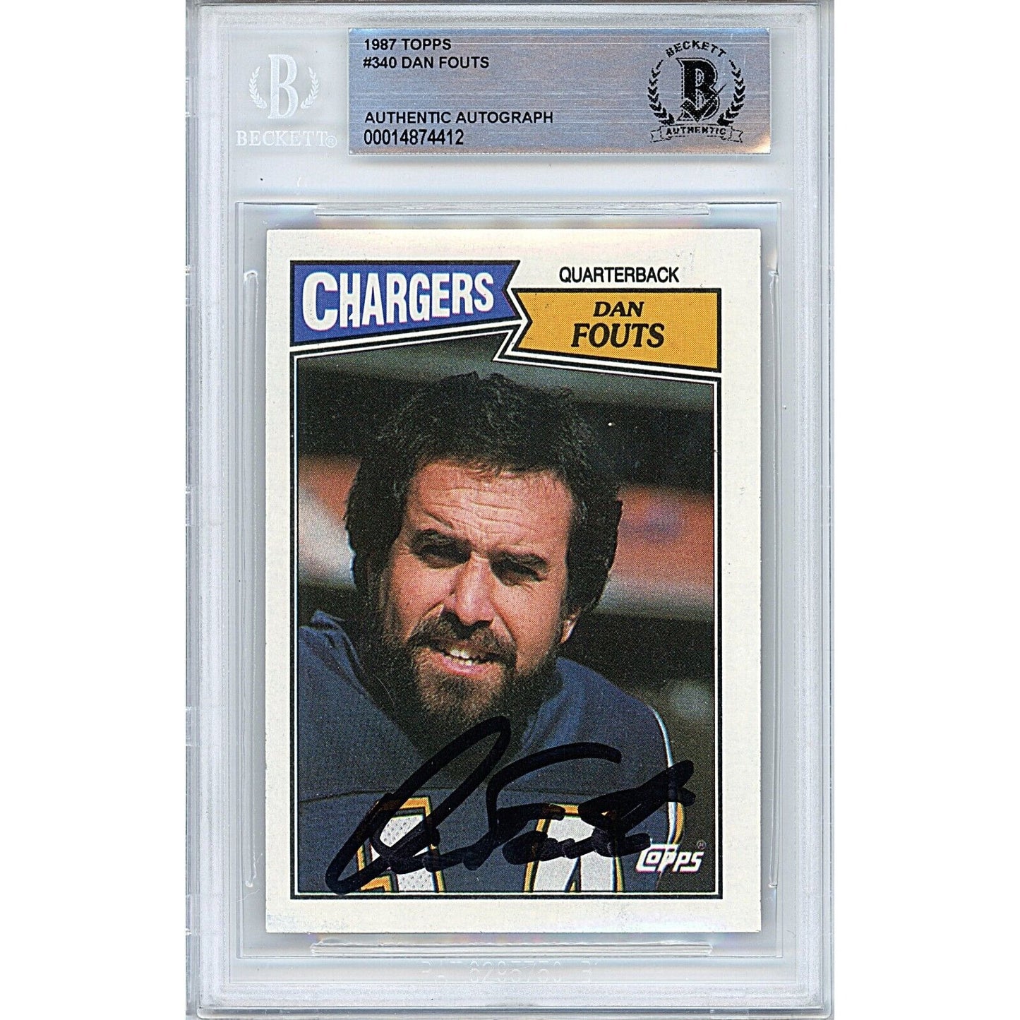 Footballs- Autographed- Dan Fouts San Diego Chargers Signed 1987 Topps Football Card Beckett Authentic Auto Slab Front