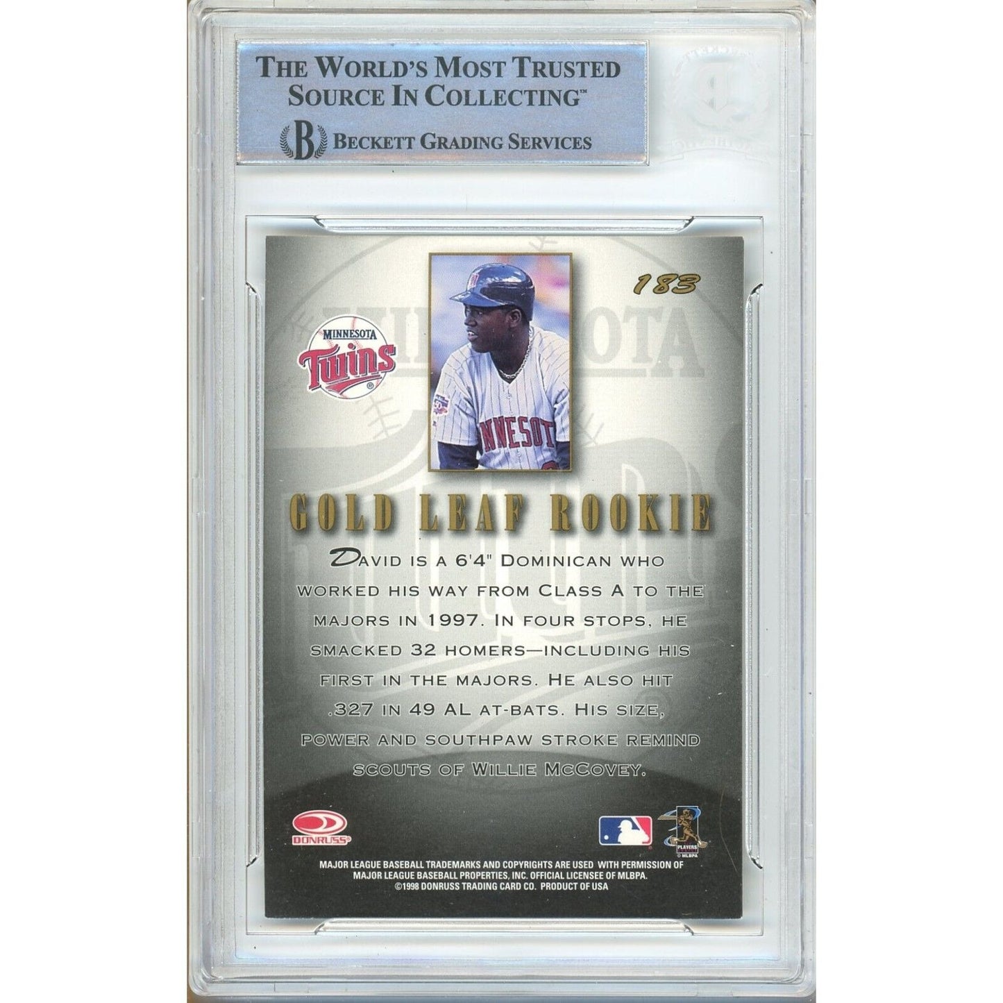 Baseballs- Autographed- David Ortiz Minnesota Twins Signed 1998 Leaf Gold Rookies Baseball Card Beckett Authentic Auto Slab Back