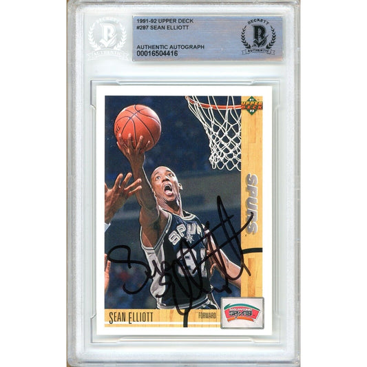 Basketballs- Autographed- Sean Elliott San Antonio Spurs Signed 1991-92 Upper Deck Trading Card Beckett Authentic Auto Slab Front