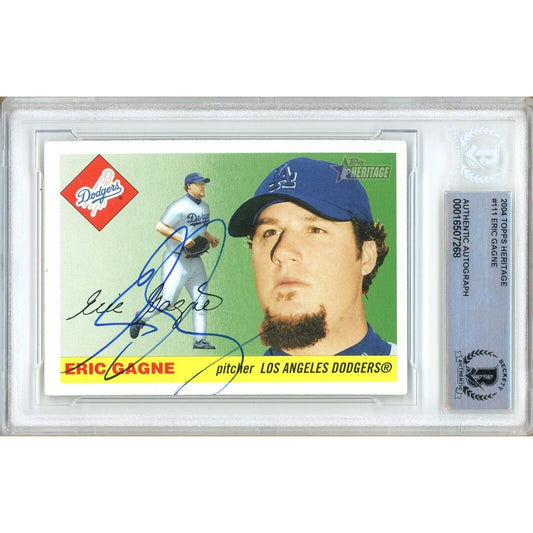 Baseballs- Autographed- Eric Gagne Los Angeles Dodgers Signed 2004 Topps Heritage Baseball Card Beckett Authentic Auto Slab Front