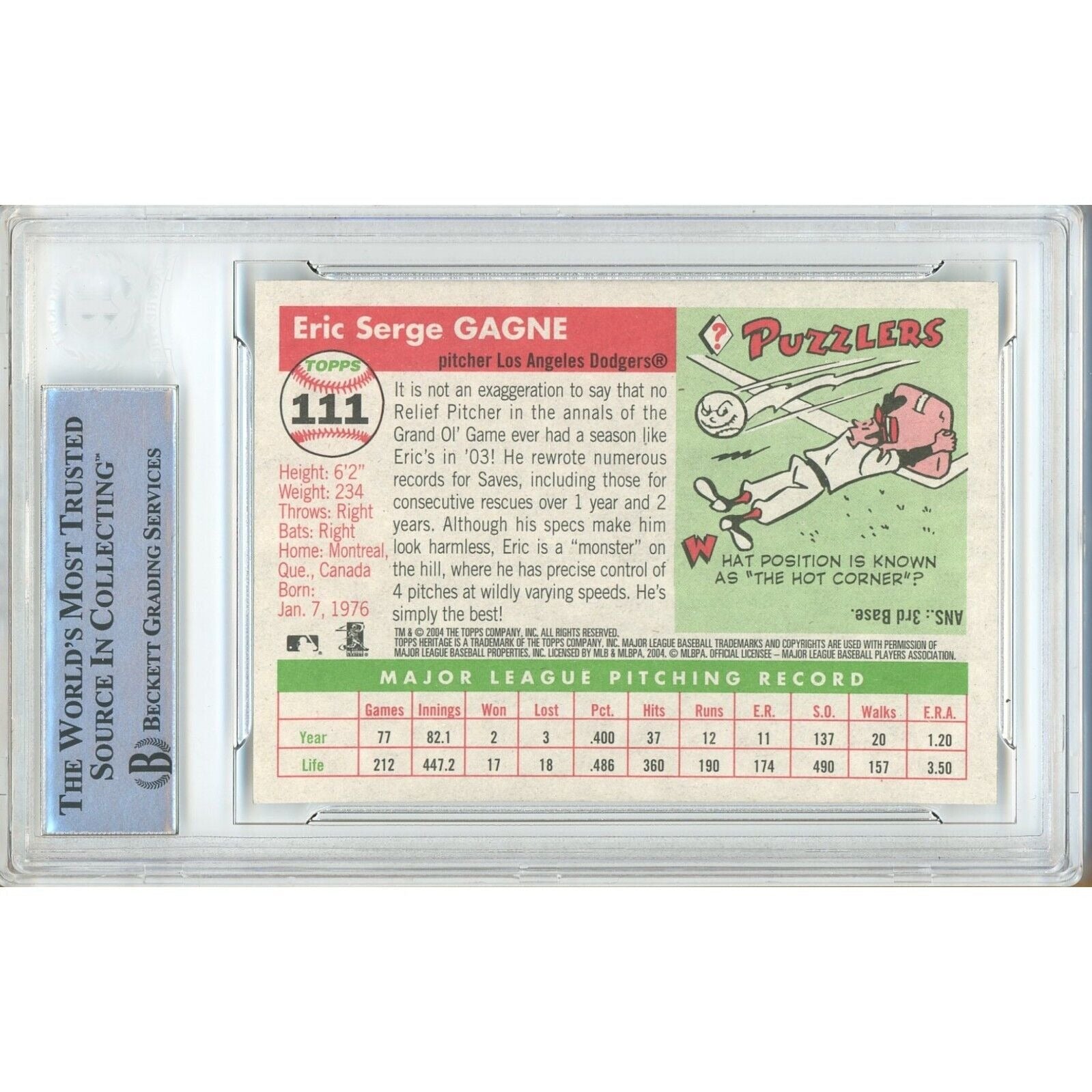 Eric Gagne Los Angeles Dodgers auto trading card – authentication sticker – Beckett COA