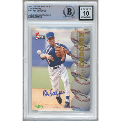 Baseballs- Autographed- Rey Ordonez New York Mets Signed 1995 Classic Five Sport Autographs Trading Card Beckett Authentic BGS Auto-10 Graded Slab Front