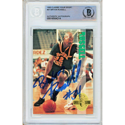 Basketballs- Autographed- Bryon Russell Utah Jazz Signed 1993 Classic Four Sport Basketball Card Beckett Authentic Auto Slab Front