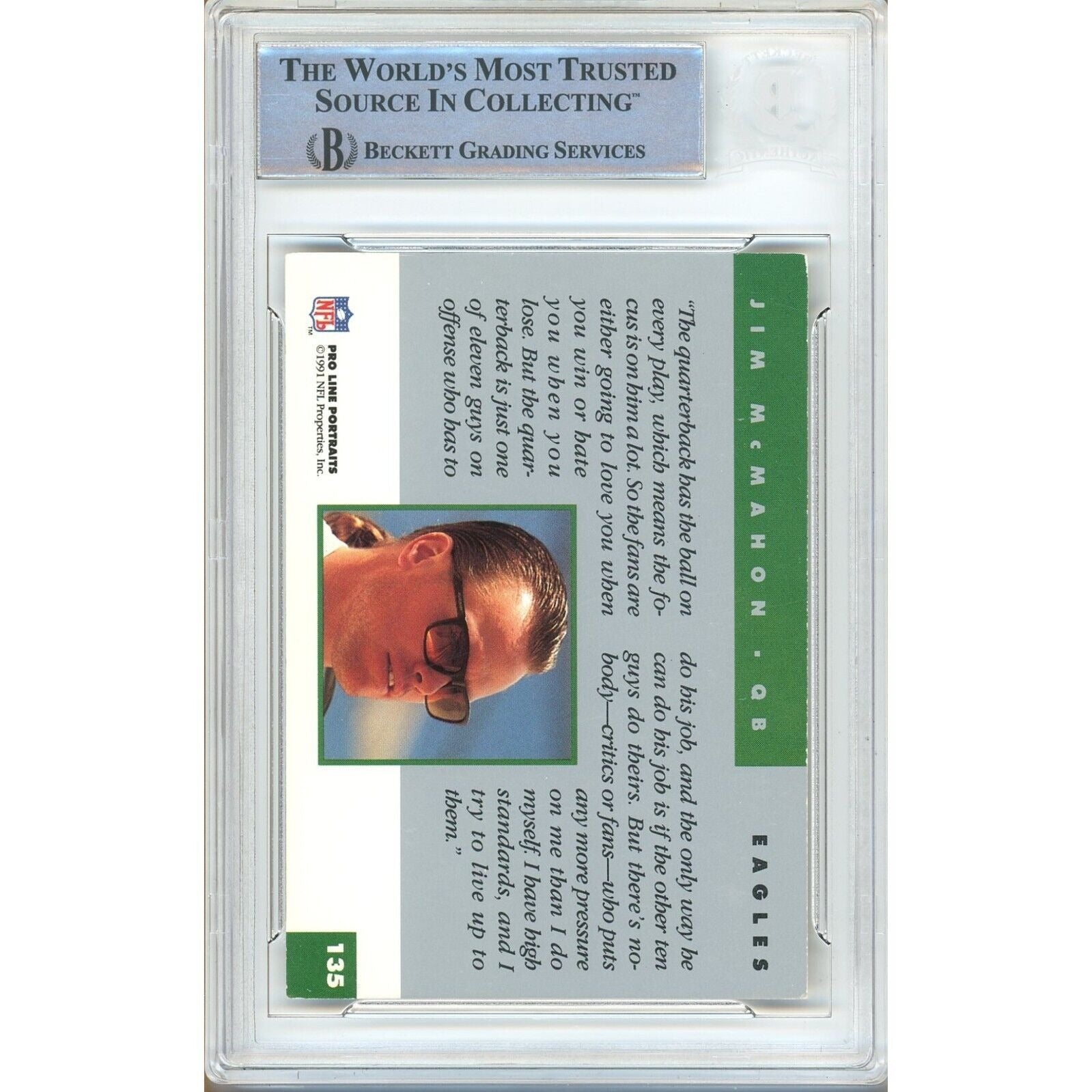 Jim McMahon Chicago Bears auto trading card – authentication sticker – Beckett COA