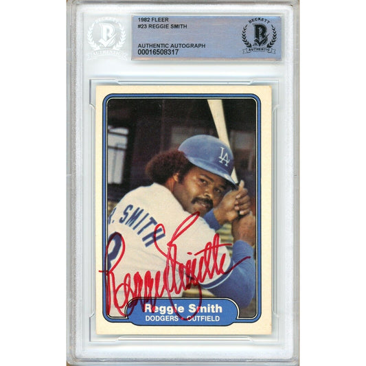 Baseballs- Autographed- Reggie Smith Los Angeles Dodgers Signed 1982 Fleer Trading Card Beckett Authentic Auto Slab Front