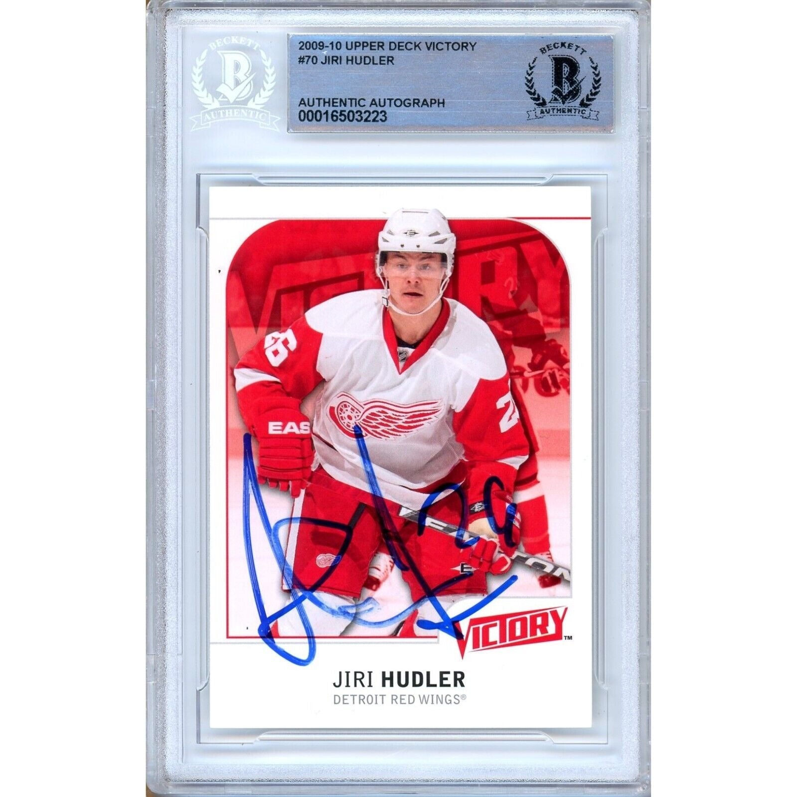 Hockey- Autographed- Jiri Hudler Detroit Red Wings Signed 2009-10 Upper Deck Victory Hockey Card Beckett Authentic Auto Slab Front