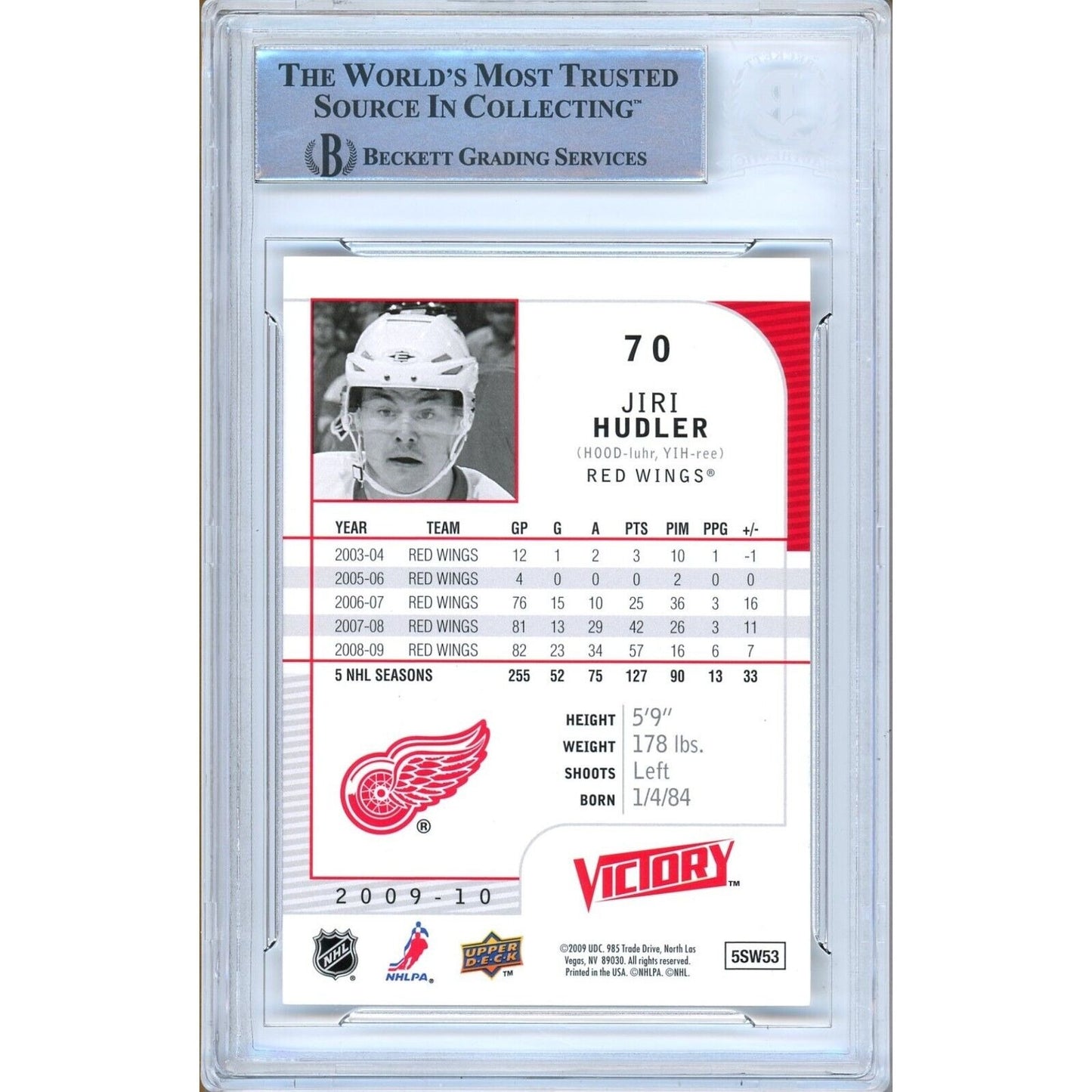 Hockey- Autographed- Jiri Hudler Detroit Red Wings Signed 2009-10 Upper Deck Victory Hockey Card Beckett Authentic Auto Slab Back