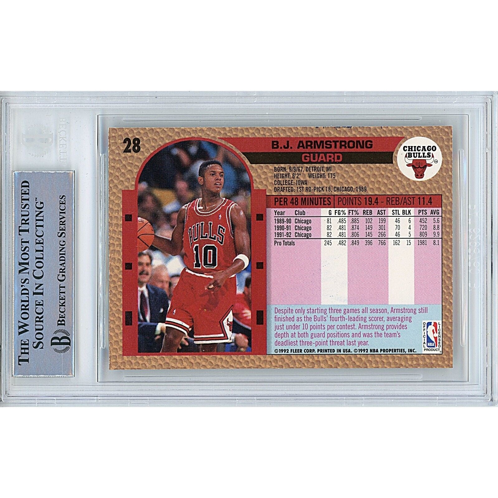 1992 Fleer BJ Armstrong Chicago Bulls Signed Trading Card – Beckett BAS