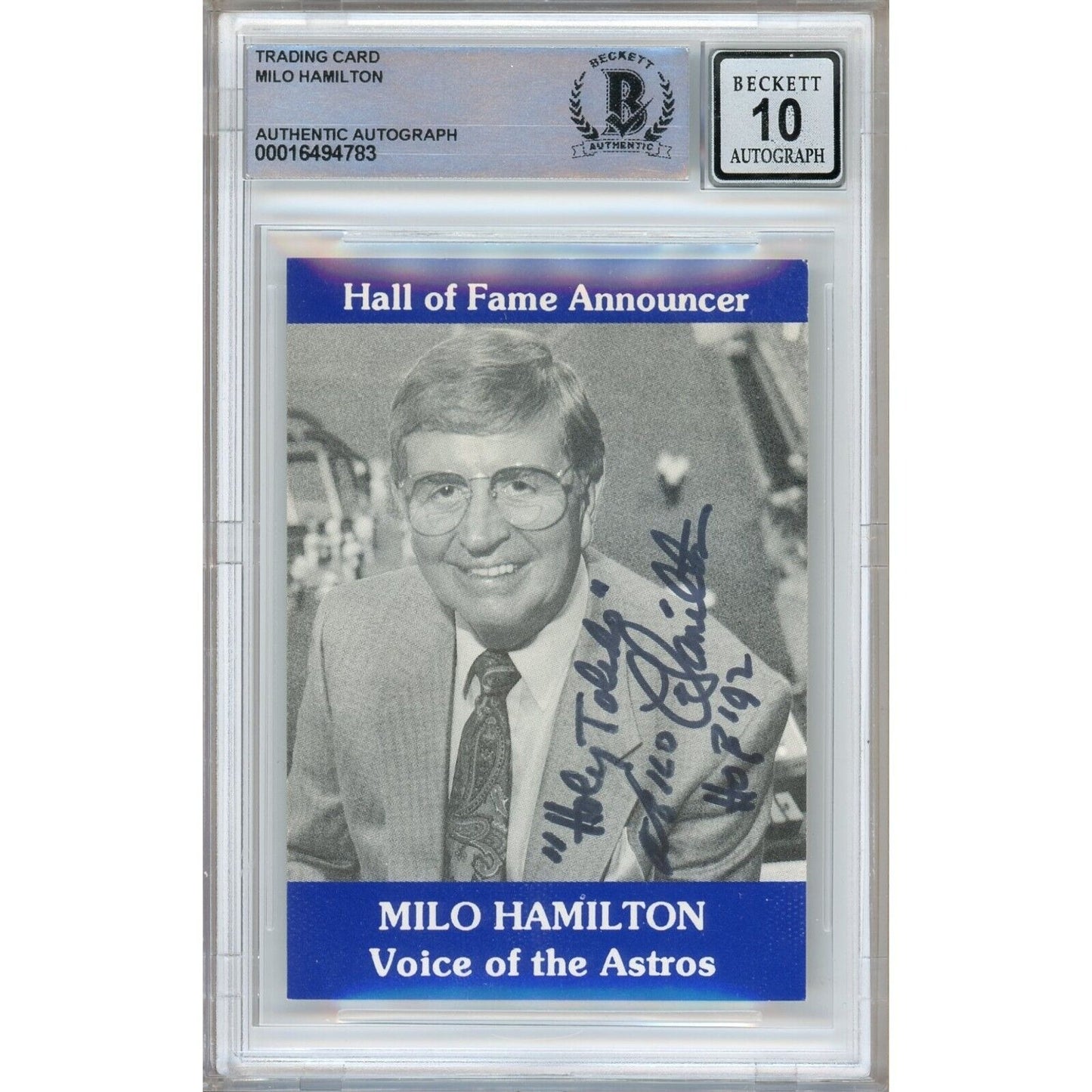 Baseballs- Autographed- Milo Hamilton Signed Voice of the Astros Baseball Card with Holy Toledo Inscription Beckett Authentic BGS Auto-10 Graded Slab Front