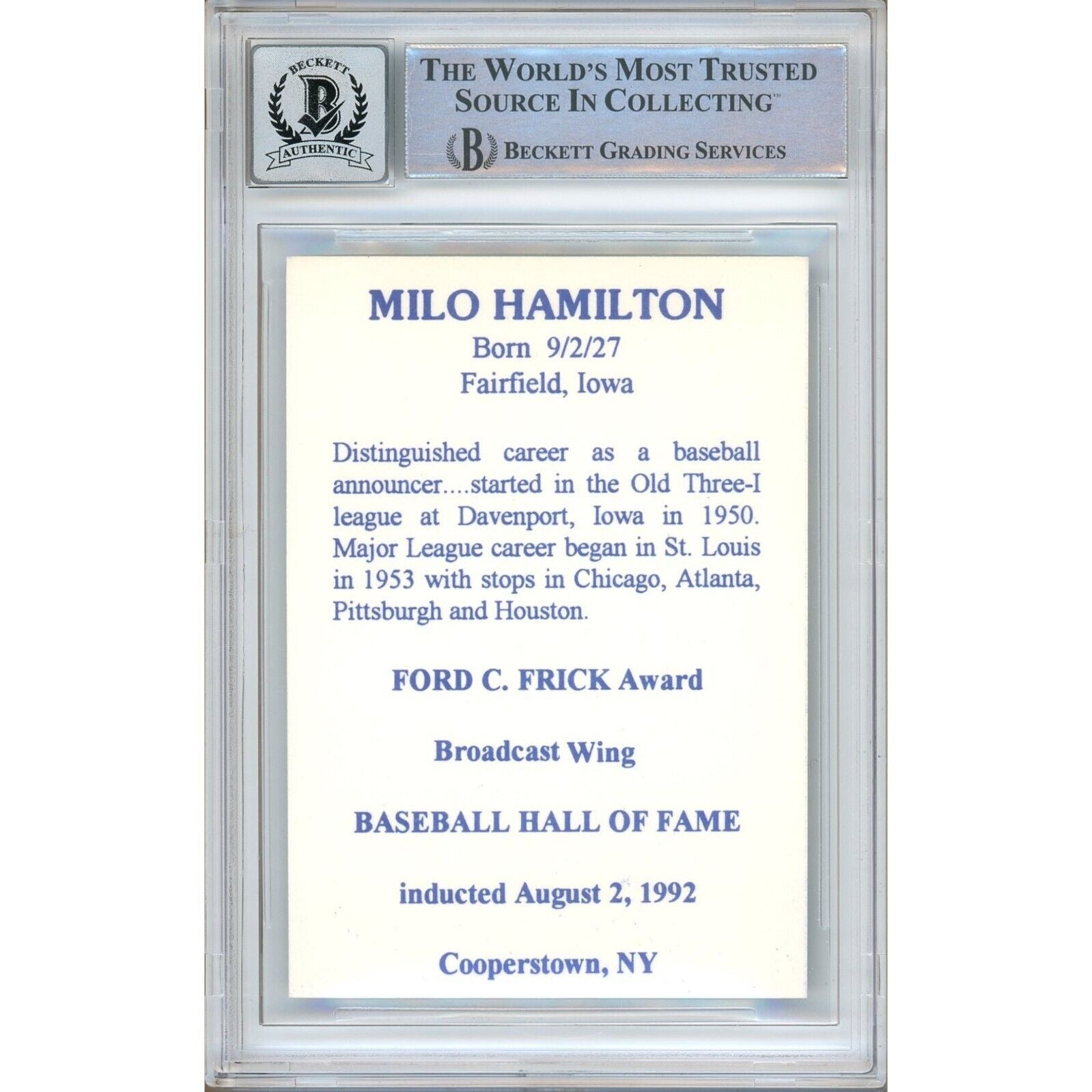 Milo Hamilton Houston Astros signed trading card – signature close-up – Beckett COA