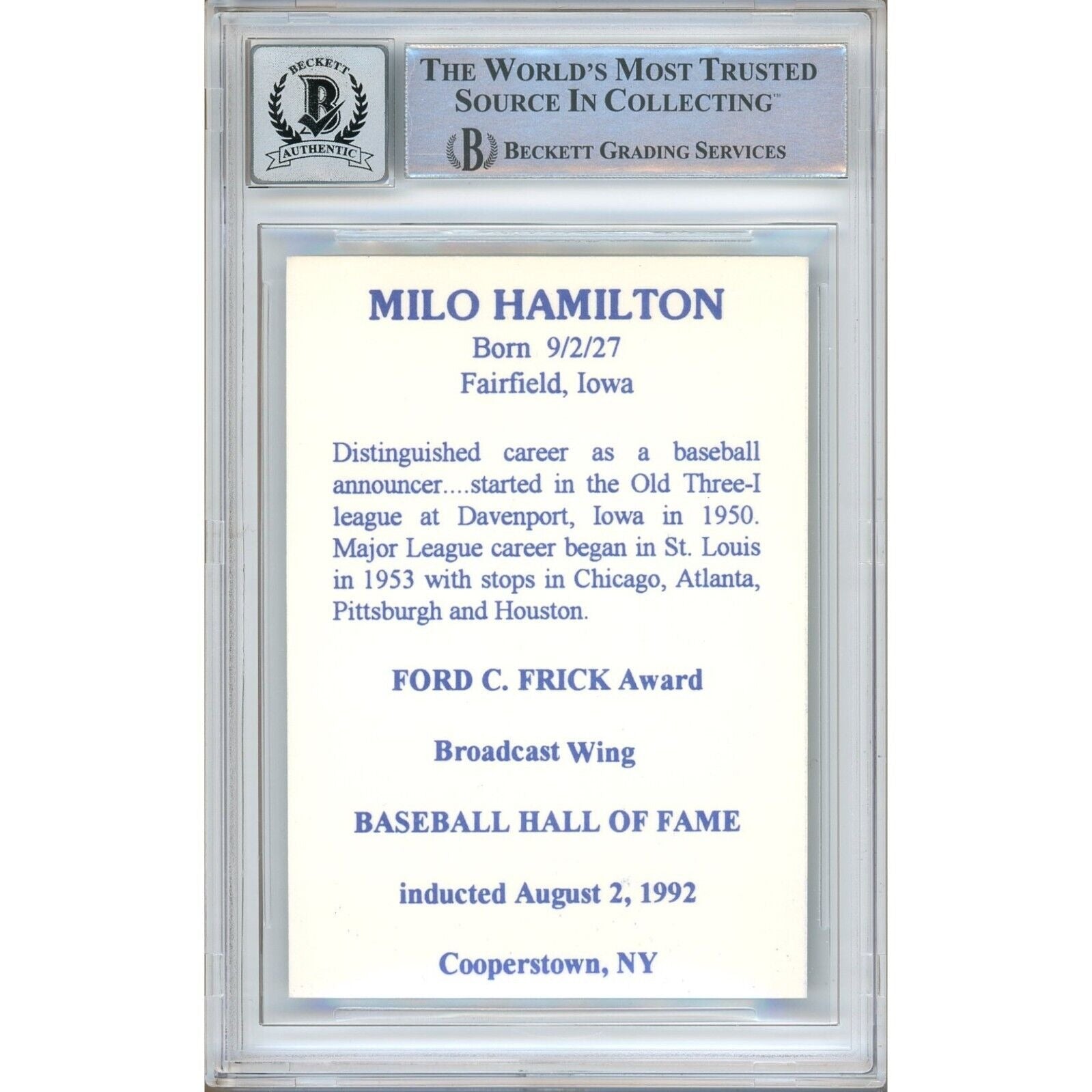 Baseballs- Autographed- Milo Hamilton Signed Voice of the Astros Baseball Card with Holy Toledo Inscription Beckett Authentic BGS Auto-10 Graded Slab Back