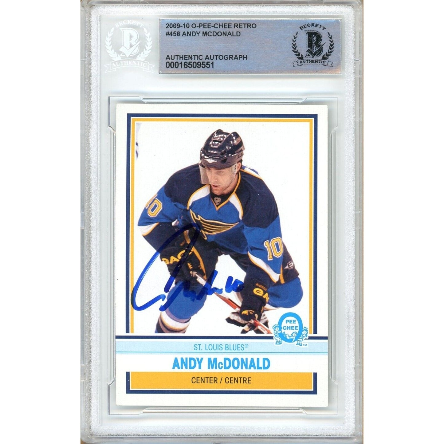 Hockey- Autographed- Andy McDonald St Louis Blues Signed 2009-10 O-Pee-Chee Hockey Card Beckett Authentic Auto Slab Front