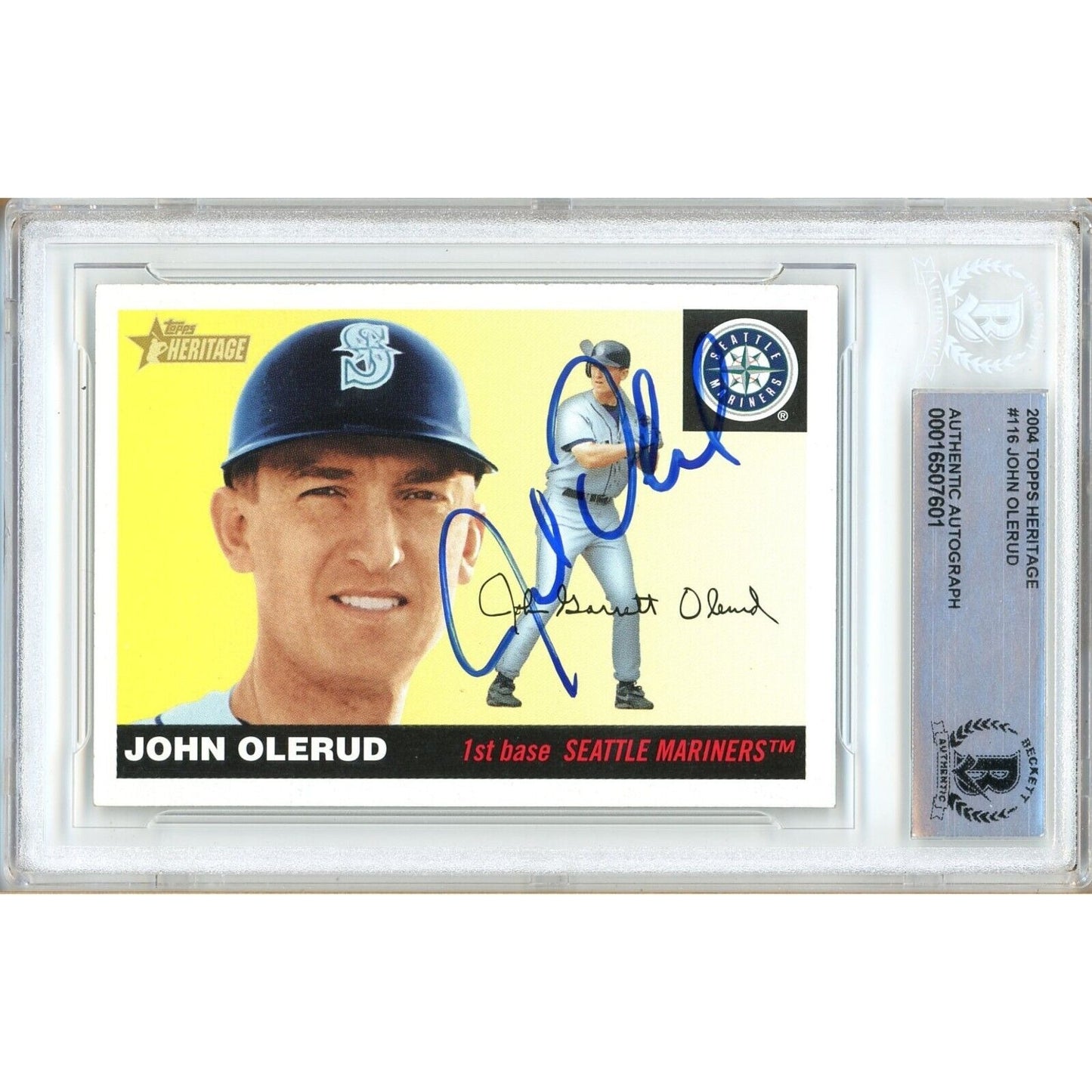 Baseballs- Autographed- John Olerud Seattle Mariners Signed 2004 Topps Heritage Baseball Card Beckett Authentic Auto Slab Front