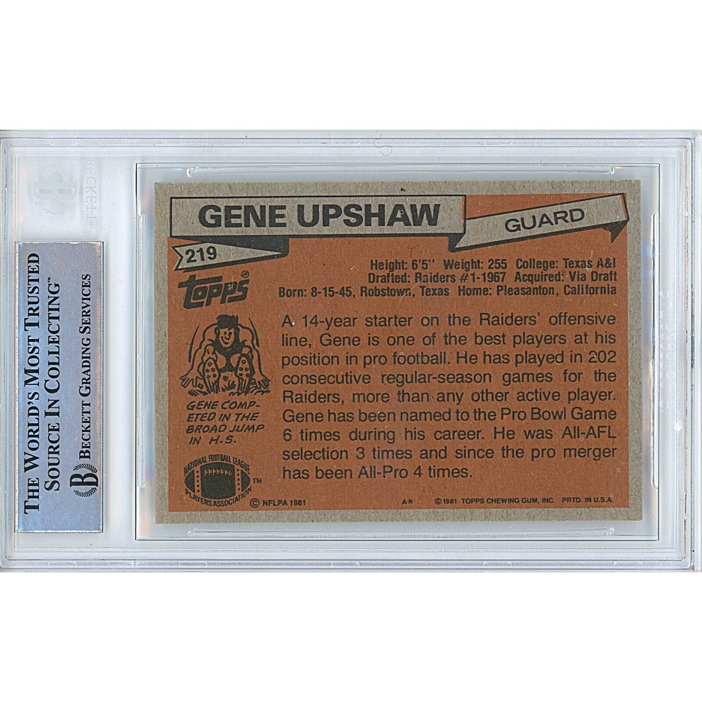 Gene Upshaw Oakland Raiders Signed 1981 Topps Football Card BAS Auth Auto Slab